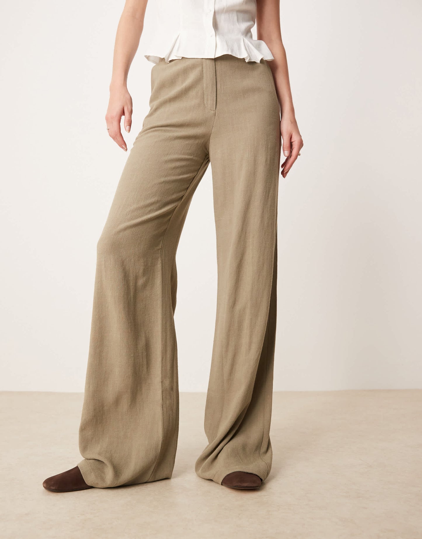 ASOS DESIGN Tall relaxed straight leg trousers with linen in khaki