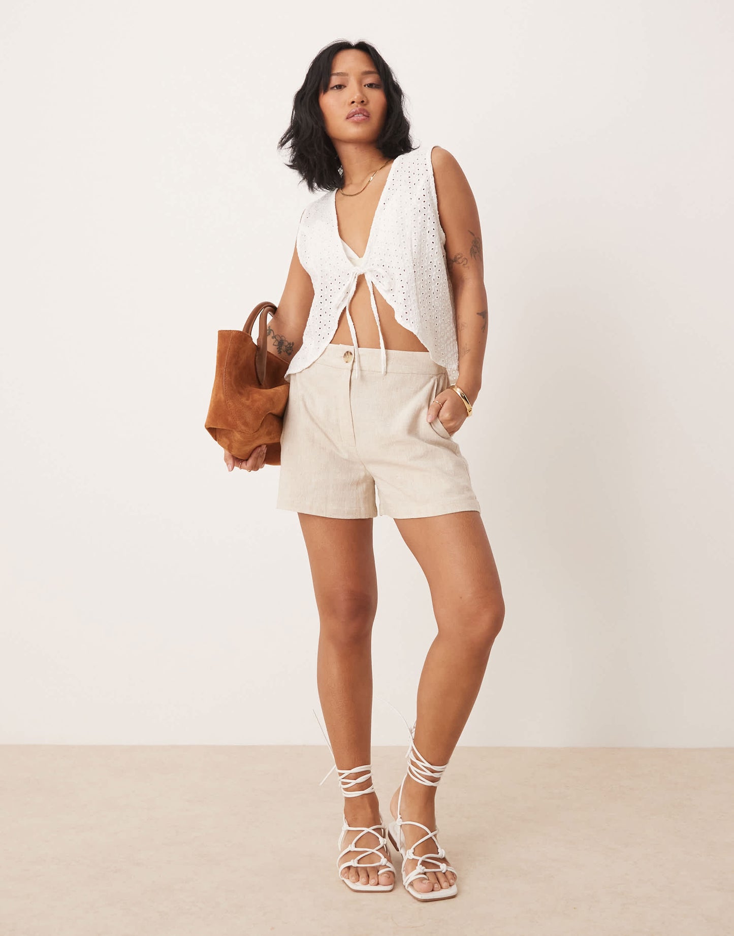 ASOS DESIGN Petite relaxed dad shorts with linen in stone