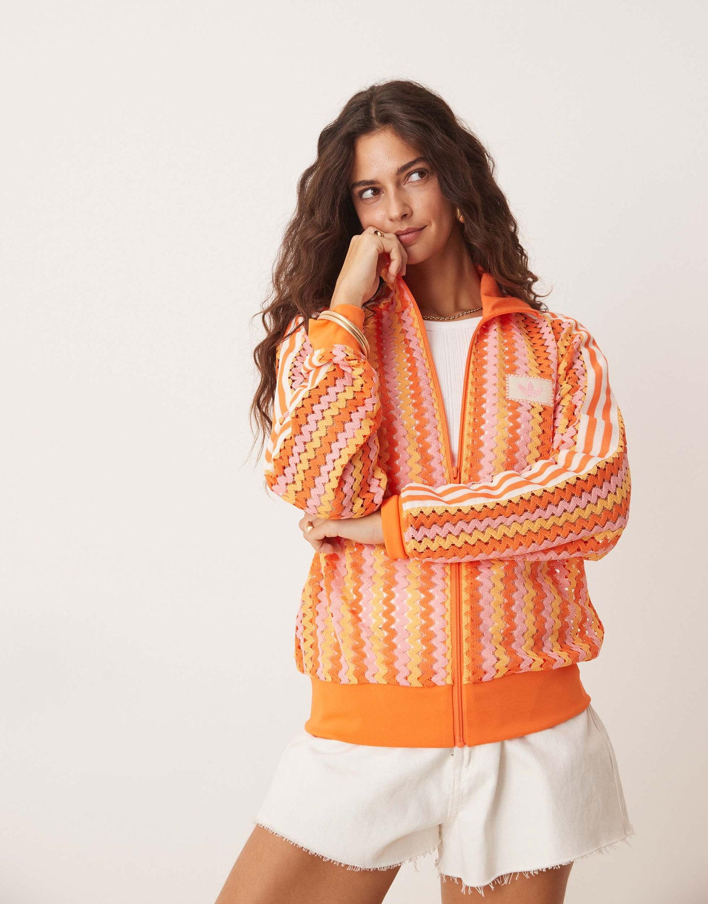 adidas Originals crochet track jacket in pink and orange