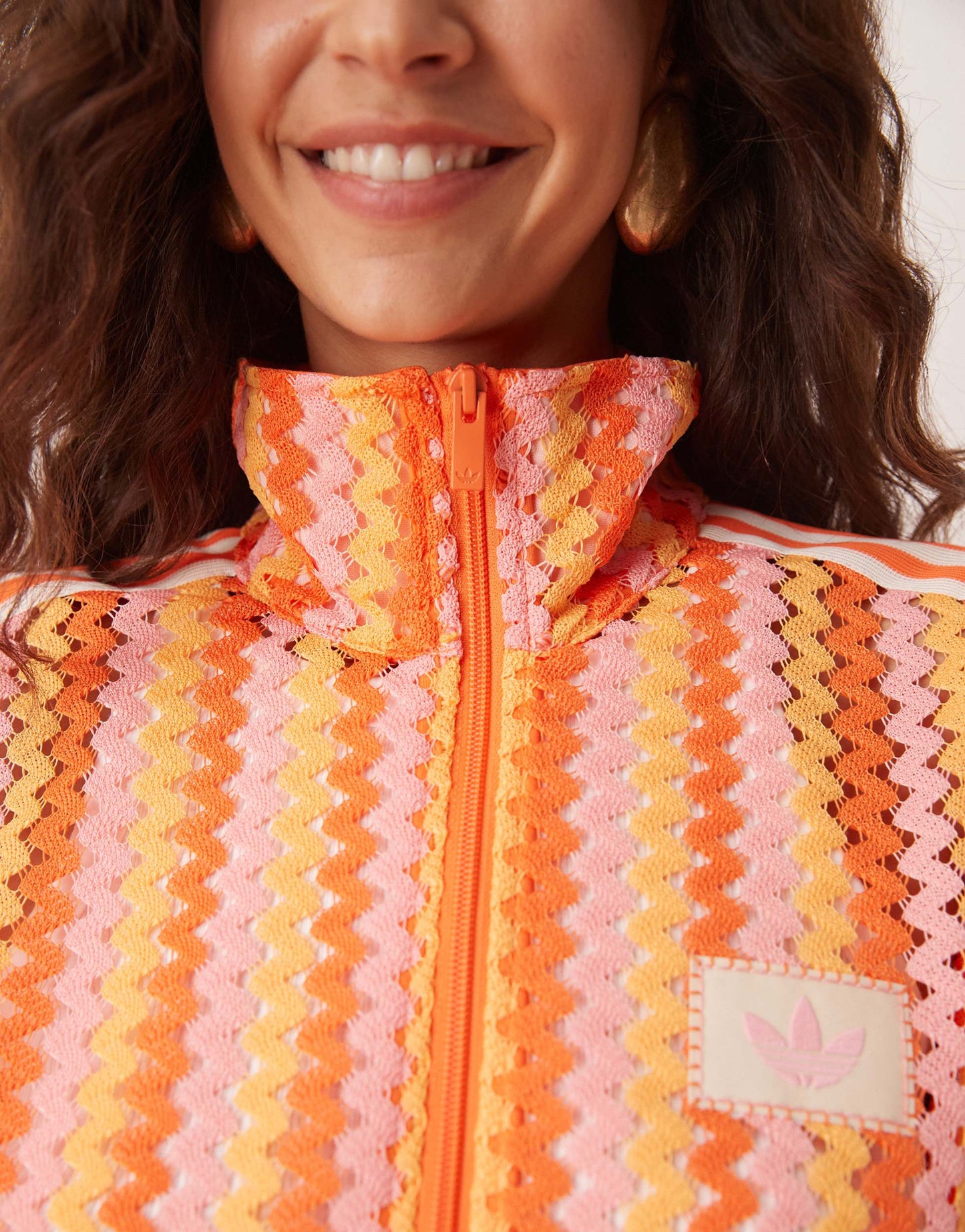 adidas Originals crochet track jacket in pink and orange