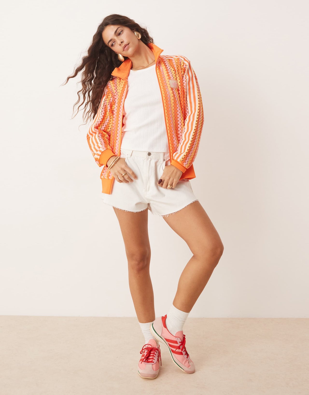 adidas Originals crochet track jacket in pink and orange