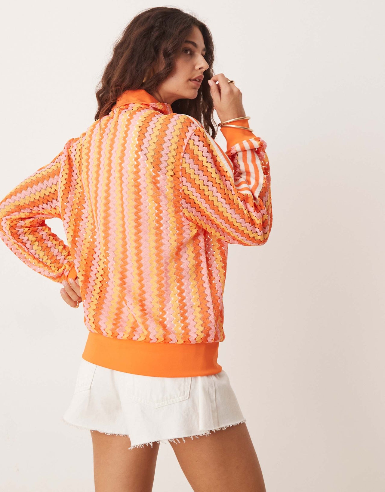 adidas Originals crochet track jacket in pink and orange