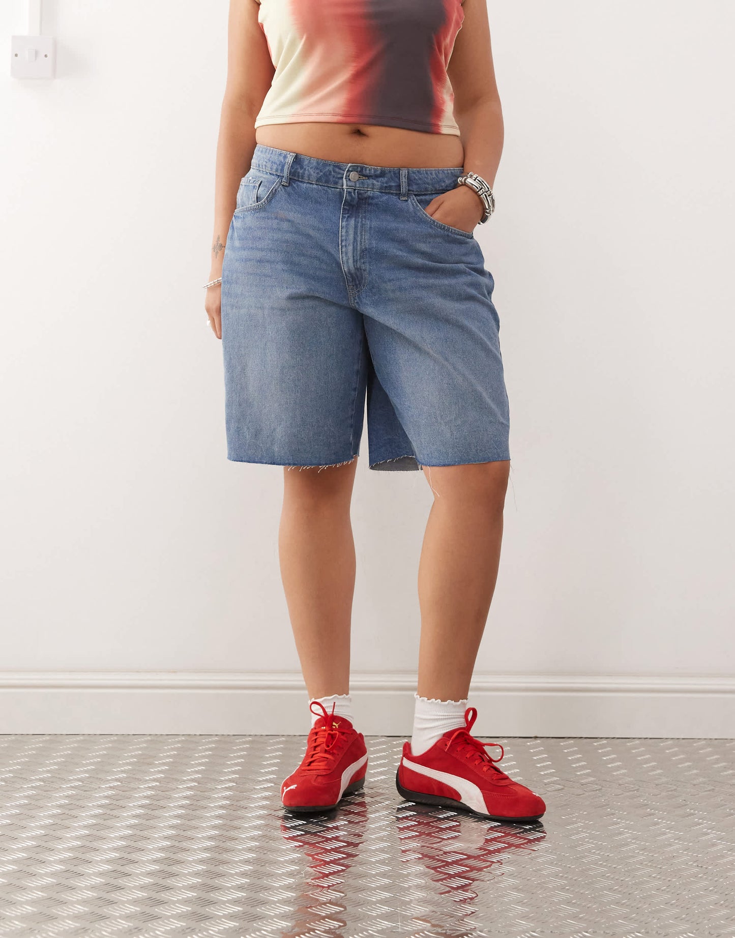 Noisy May Curve high waist bermuda denim short in mid wash blue
