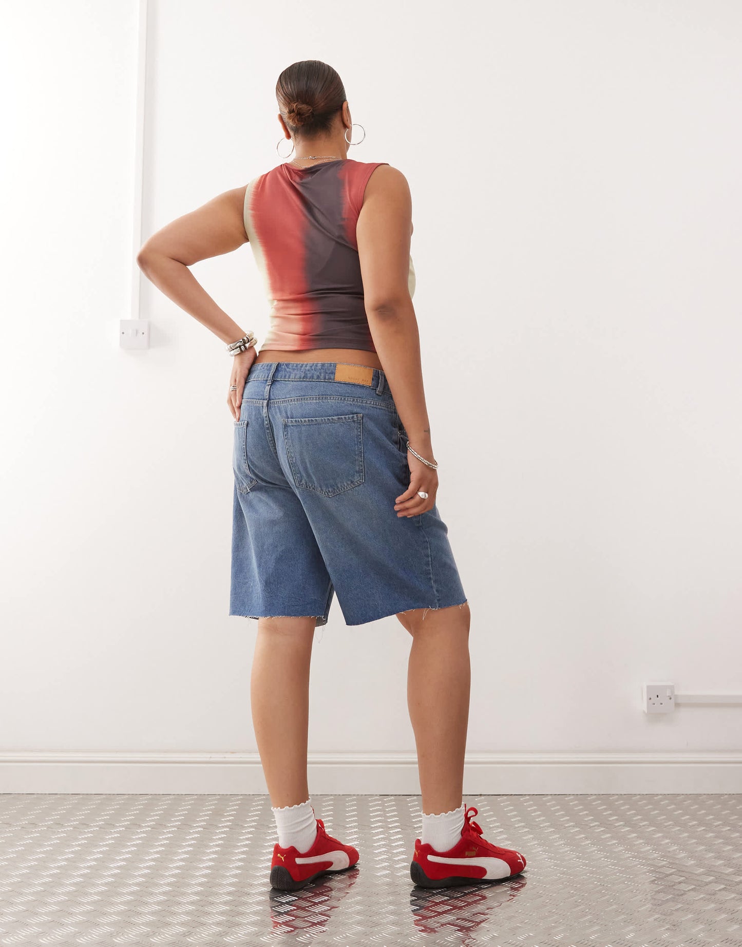 Noisy May Curve high waist bermuda denim short in mid wash blue