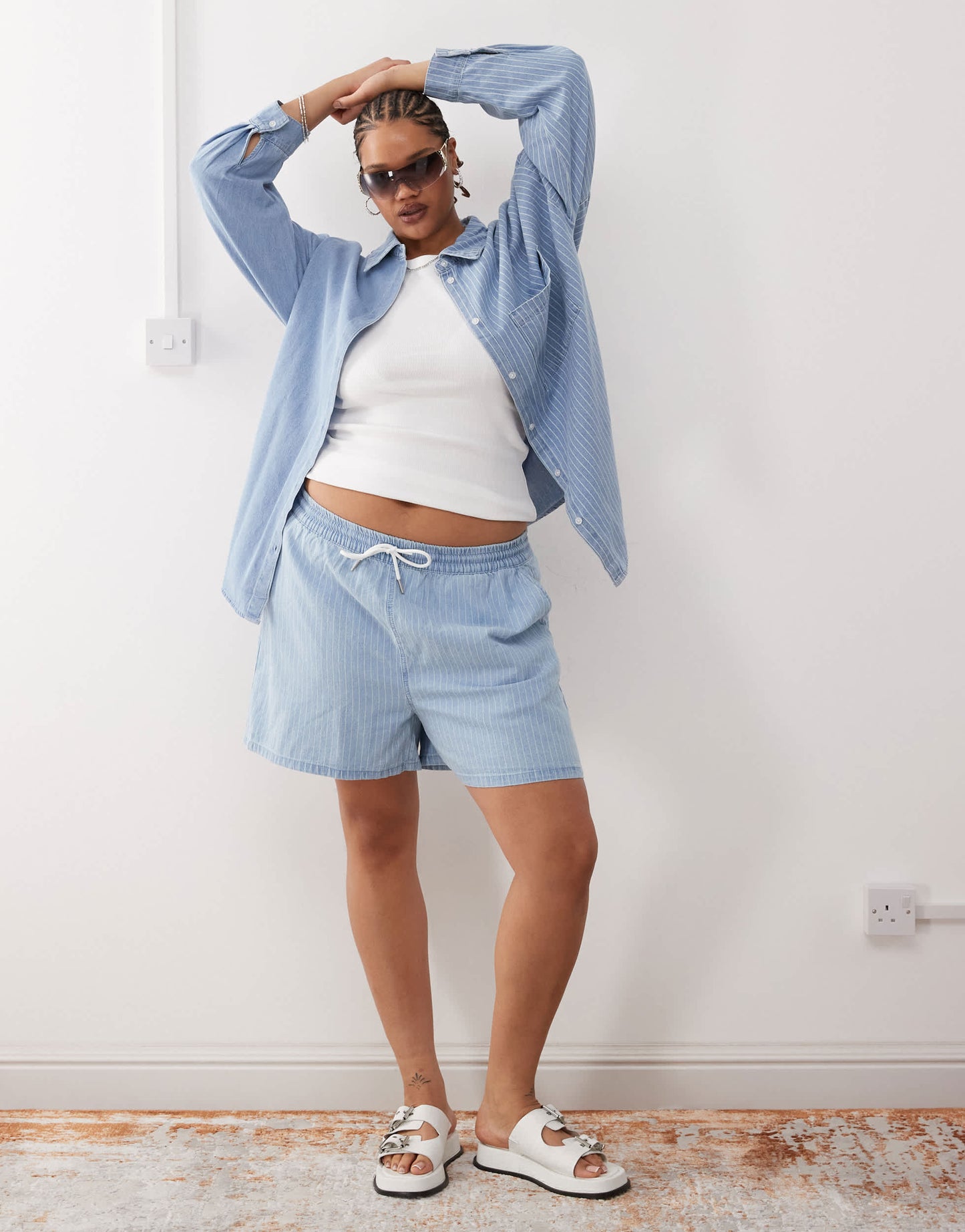 Noisy May Curve pull on denim short co-ord in light blue stripe