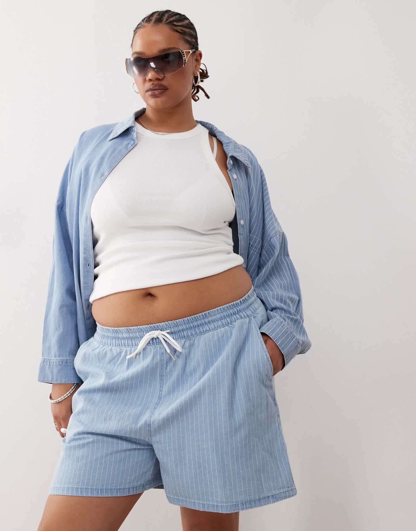 Noisy May Curve pull on denim short co-ord in light blue stripe