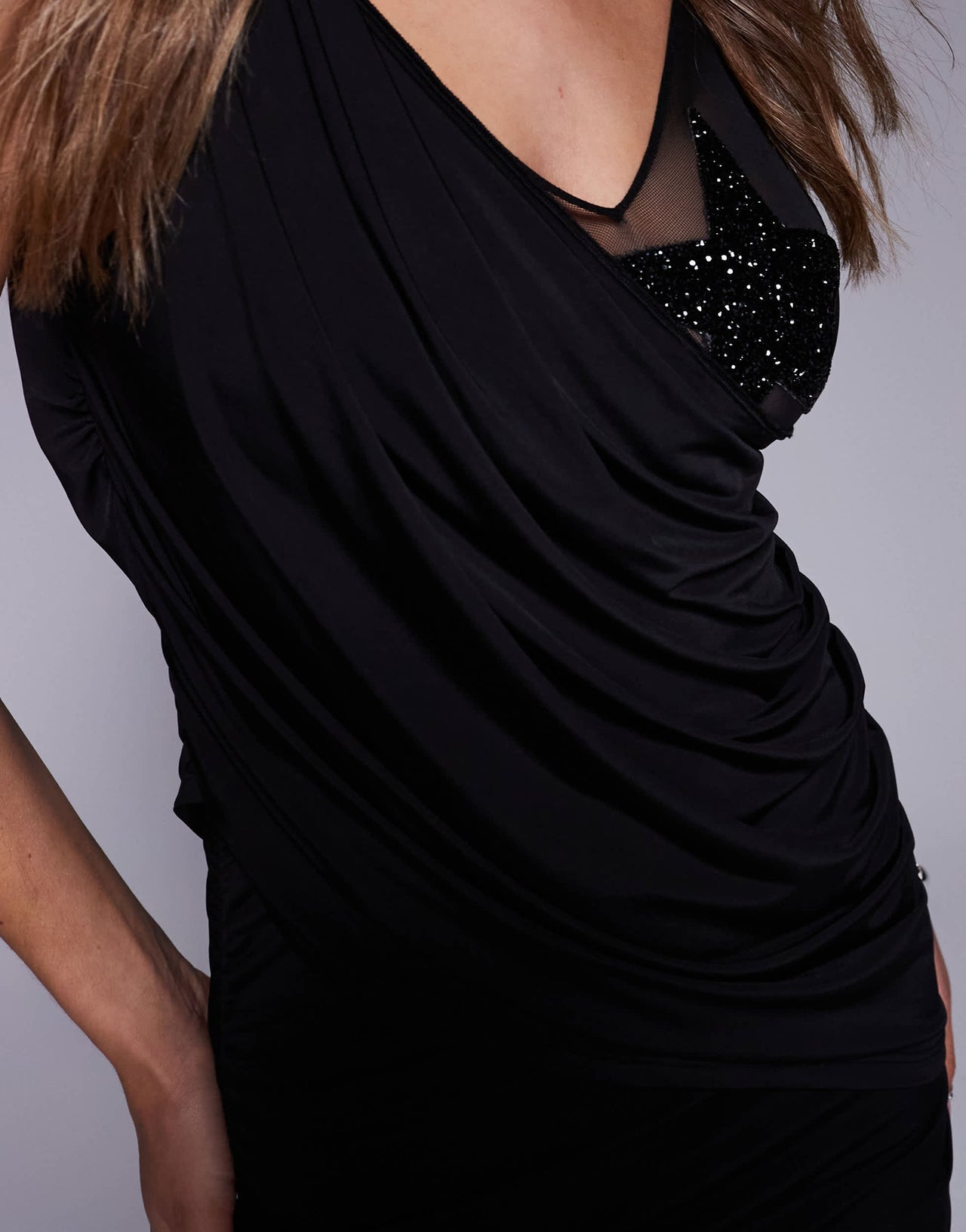 ASOS DESIGN sheer draped embellished star maxi dress in black