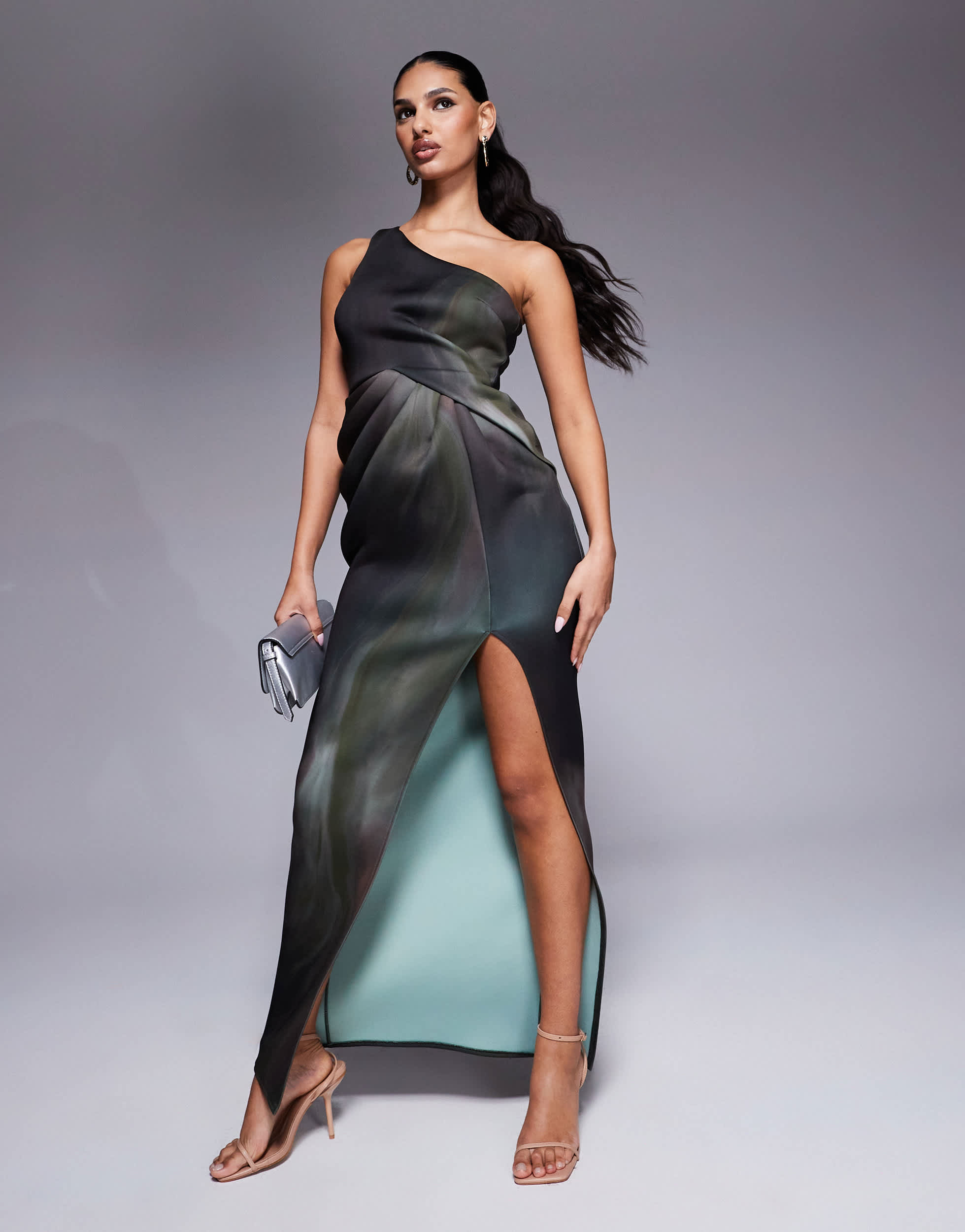 ASOS DESIGN one shoulder pleat detail bodycon maxi dress in dark abstract print