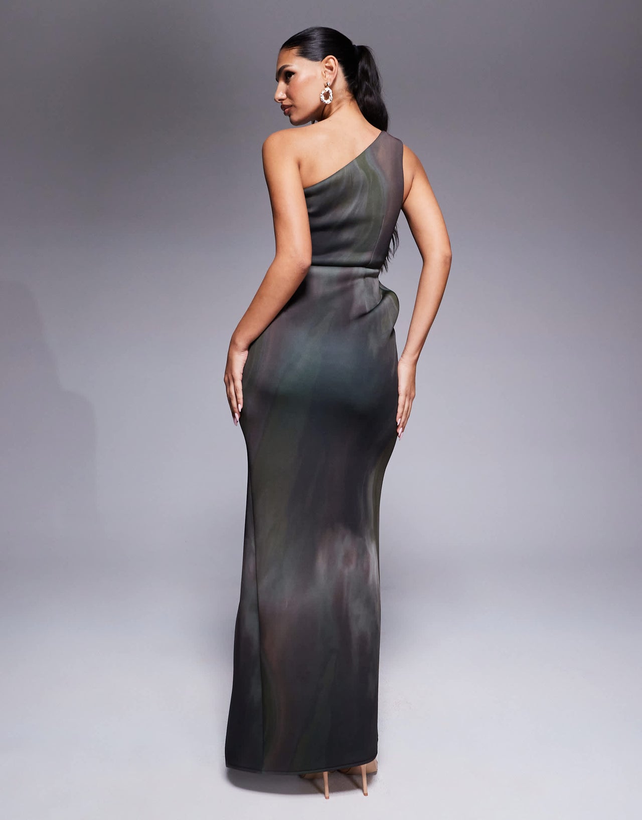 ASOS DESIGN one shoulder pleat detail bodycon maxi dress in dark abstract print