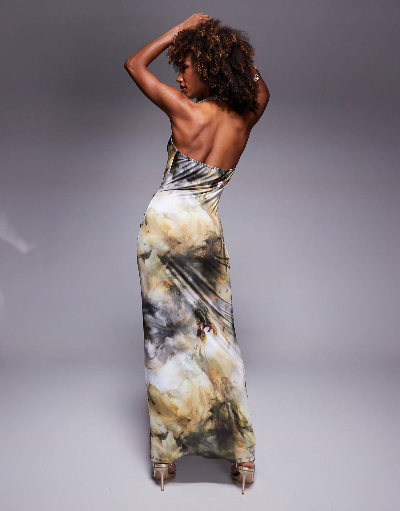 ASOS DESIGN deep cowl neck maxi dress with gold trim detail in tonal marble print