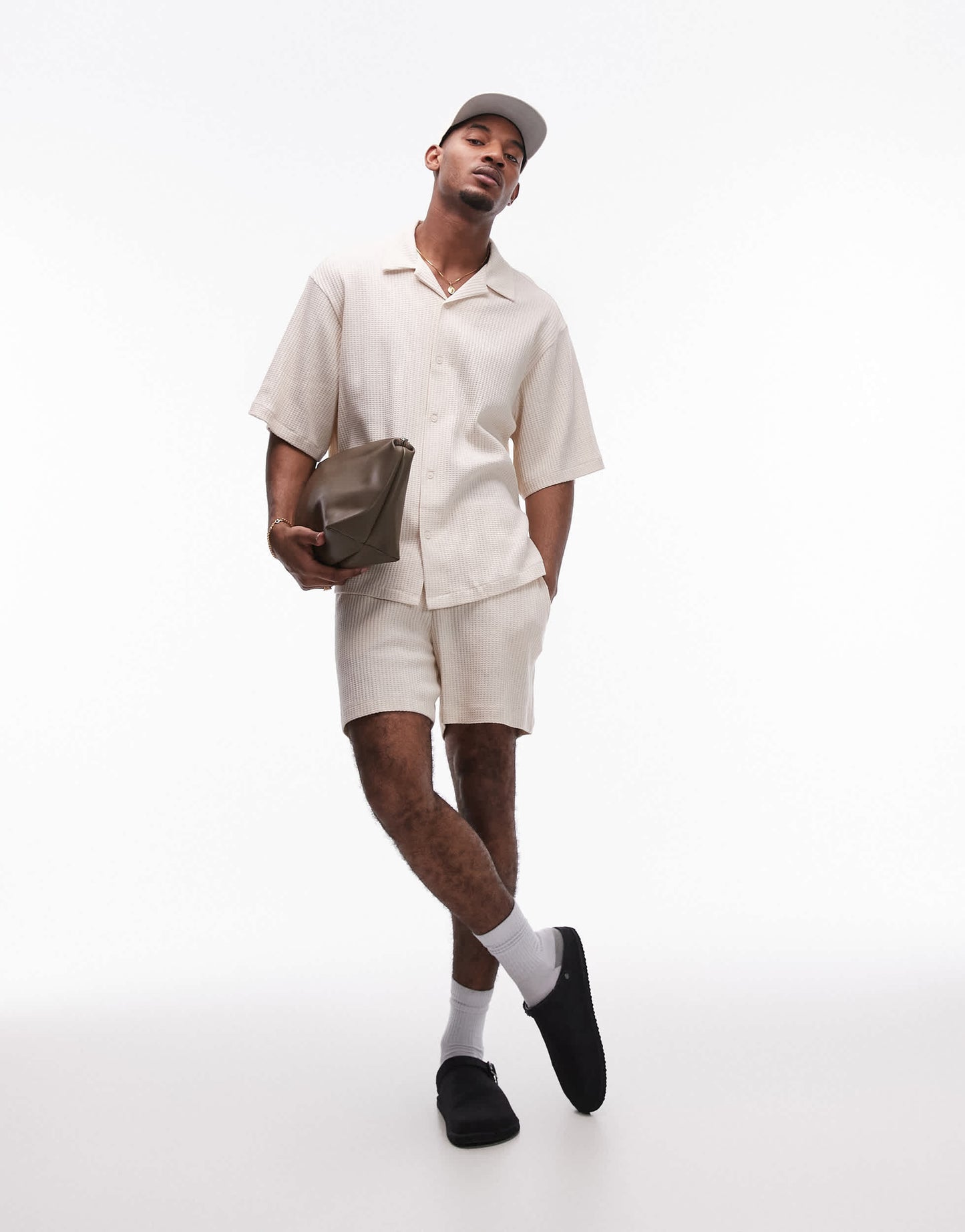 Topman relaxed fit waffle button through jersey shirt in stone
