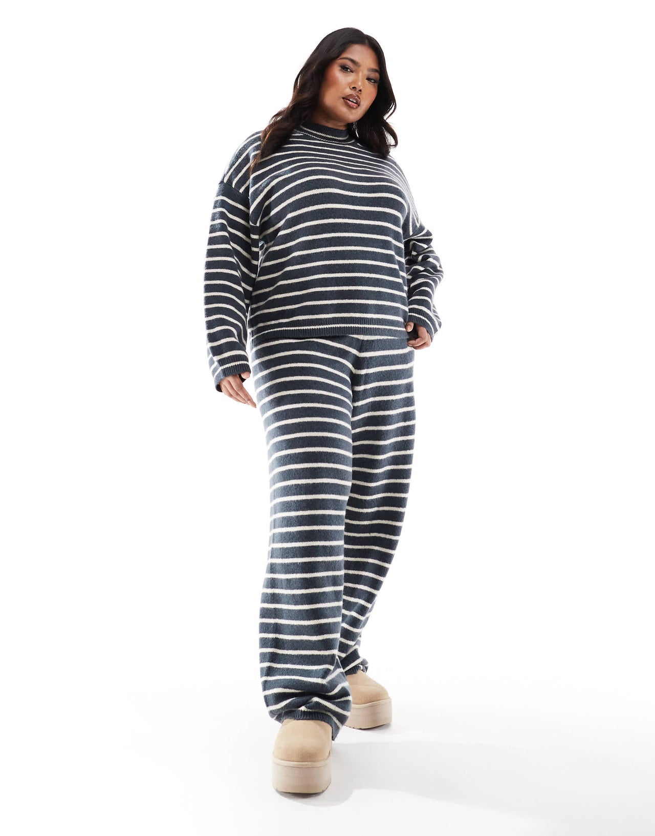 Pieces Curve high neck jumper co-ord in grey blue stripe