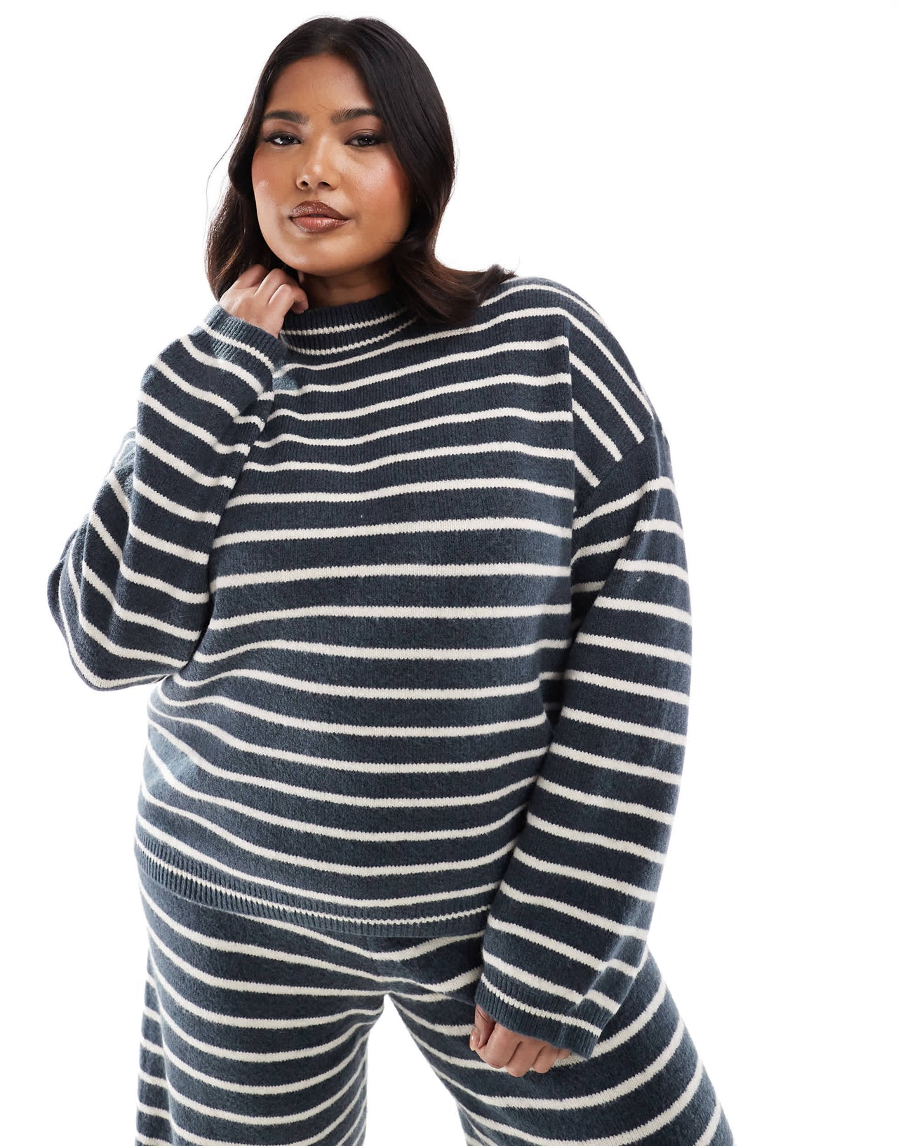 Pieces Curve high neck jumper co-ord in grey blue stripe