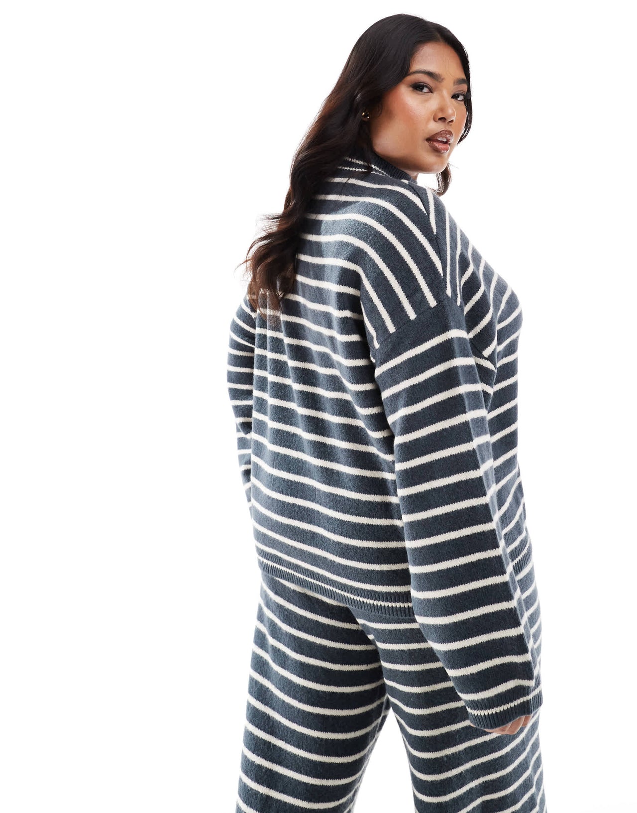 Pieces Curve high neck jumper co-ord in grey blue stripe