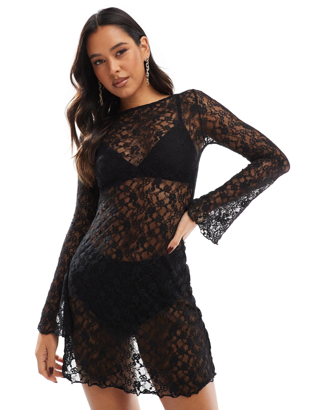 ASOS DESIGN angel sleeve lace mini dress in black