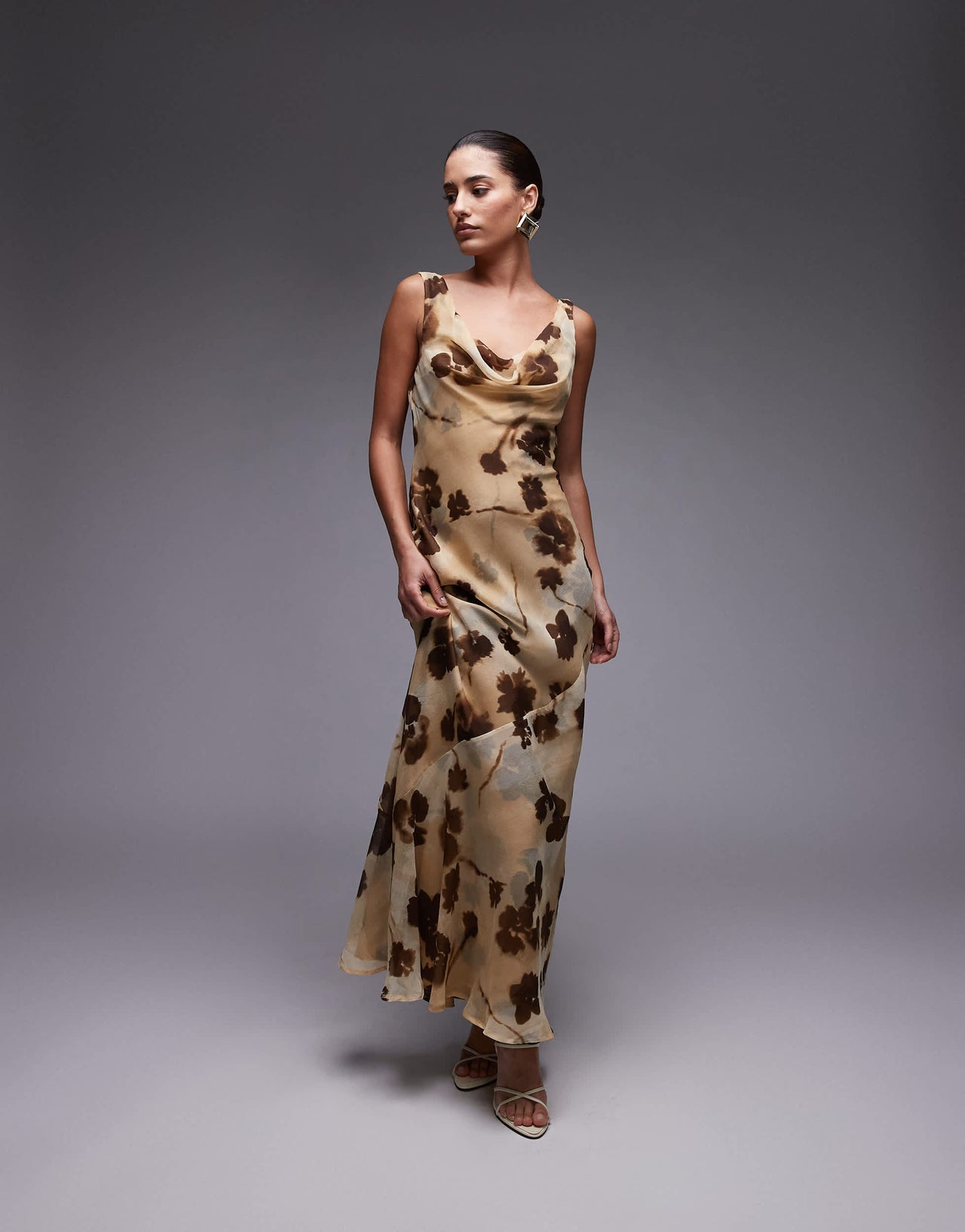 Topshop double layered cowl neck maxi dress in buttermilk floral