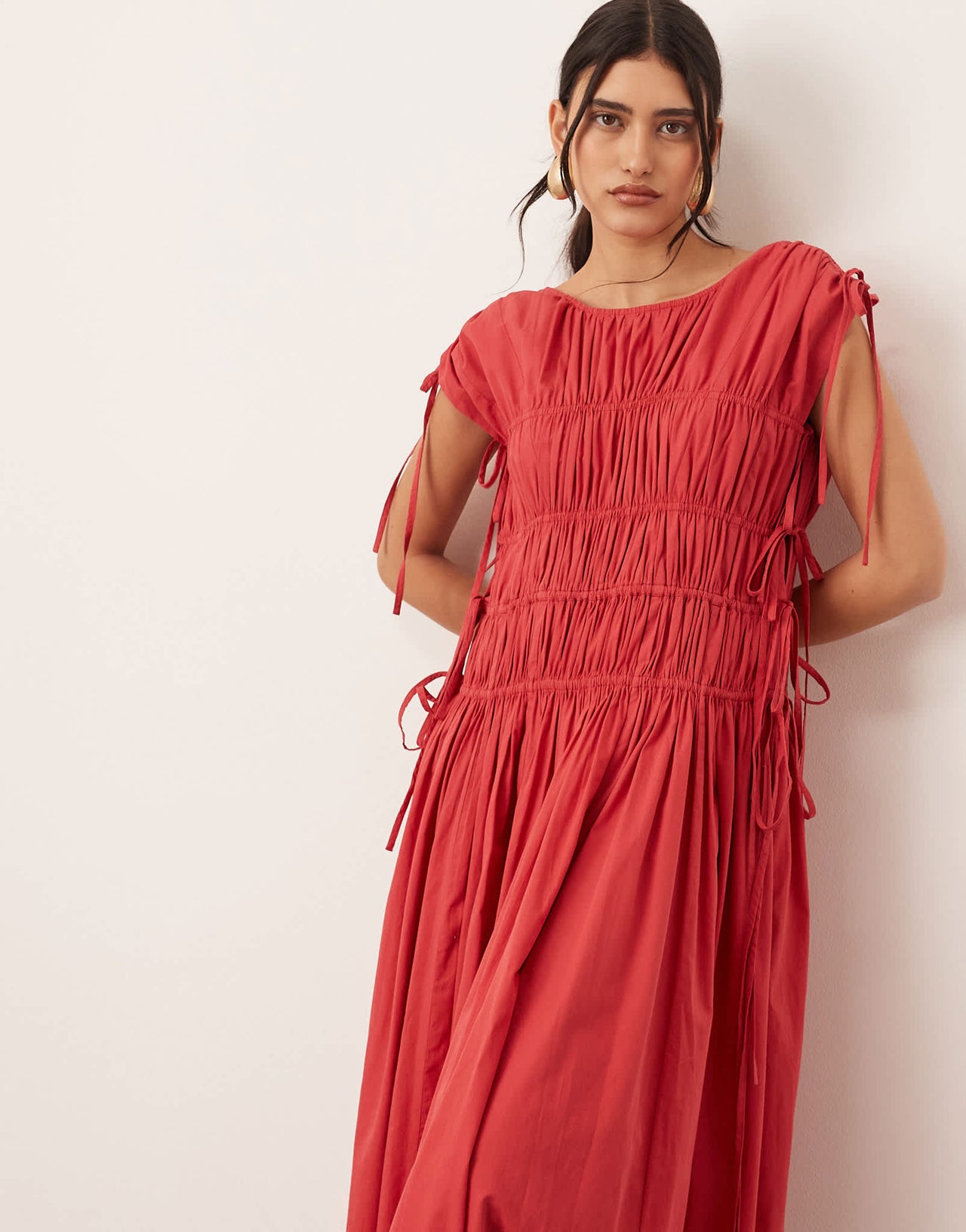 ARRANGE clean cotton drawstring detail trapeze midi dress with pockets in washed red