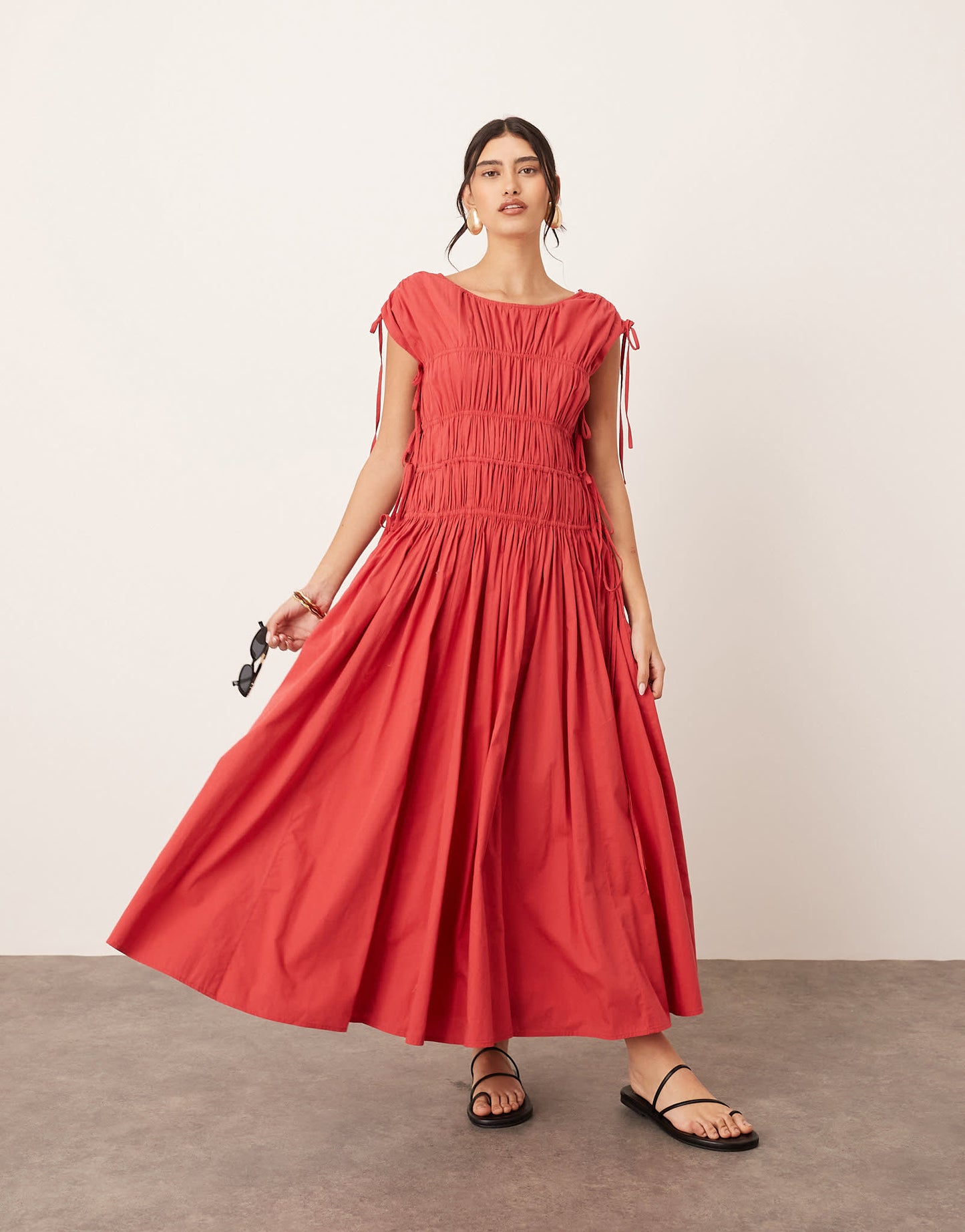 ARRANGE clean cotton drawstring detail trapeze midi dress with pockets in washed red