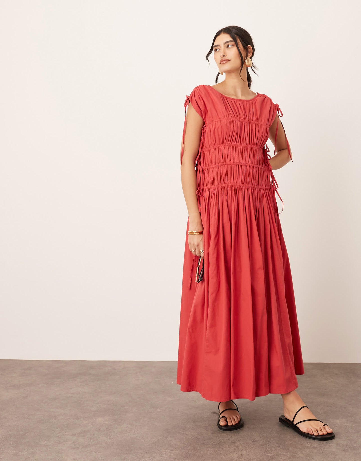 ARRANGE clean cotton drawstring detail trapeze midi dress with pockets in washed red