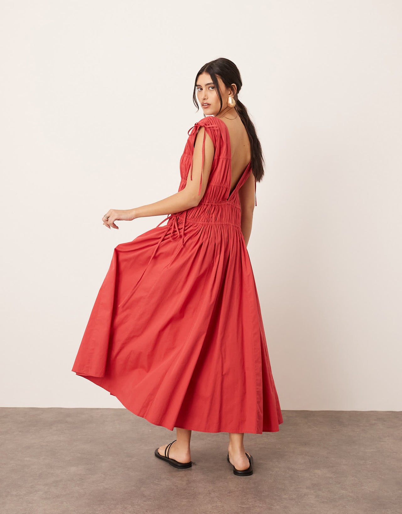 ARRANGE clean cotton drawstring detail trapeze midi dress with pockets in washed red