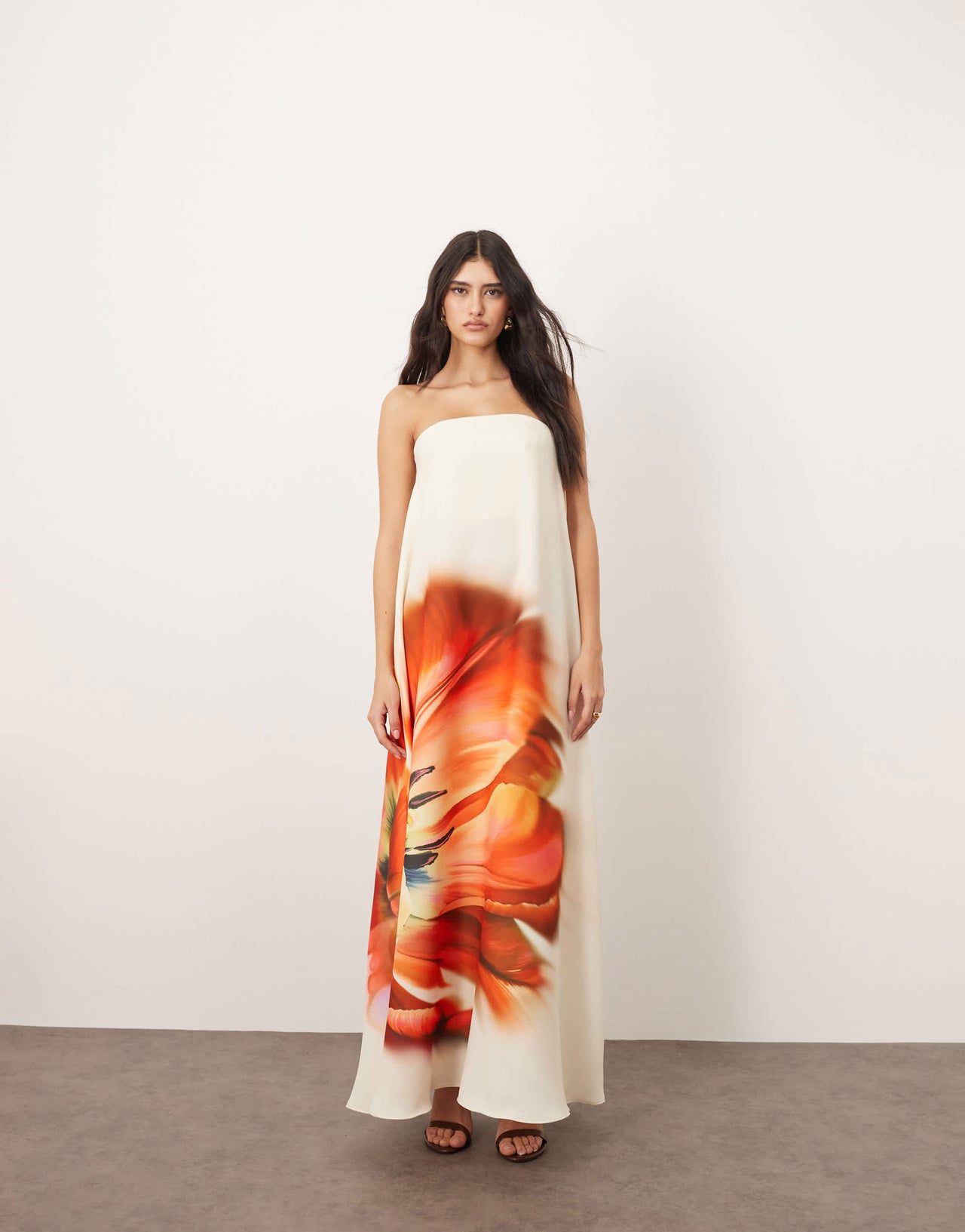 ARRANGE structured bandeau column maxi dress with internal corset in overblown floral print