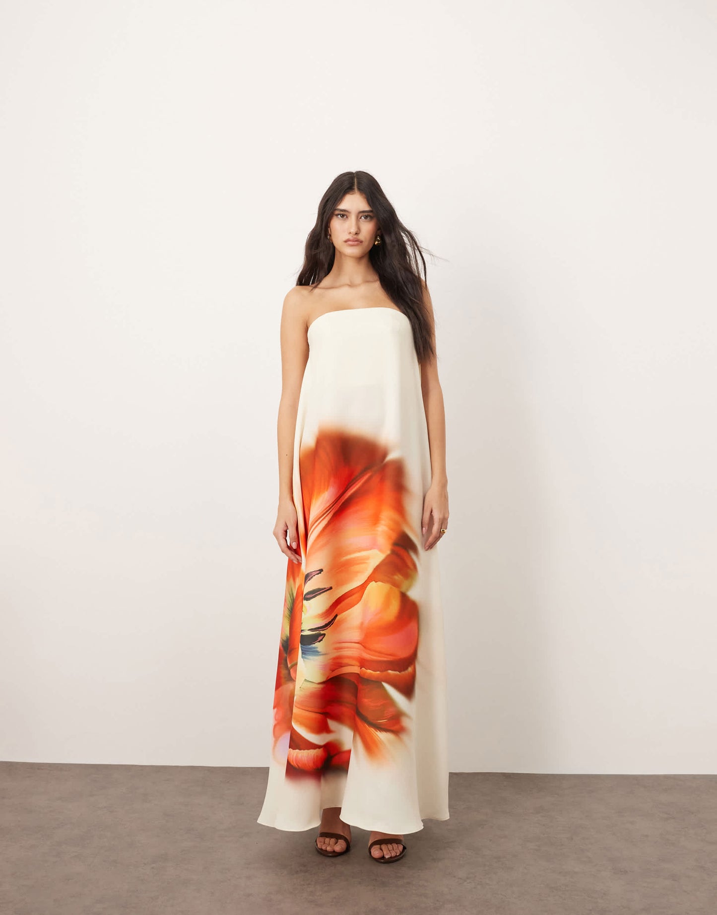 ARRANGE structured bandeau column maxi dress with internal corset in overblown floral print