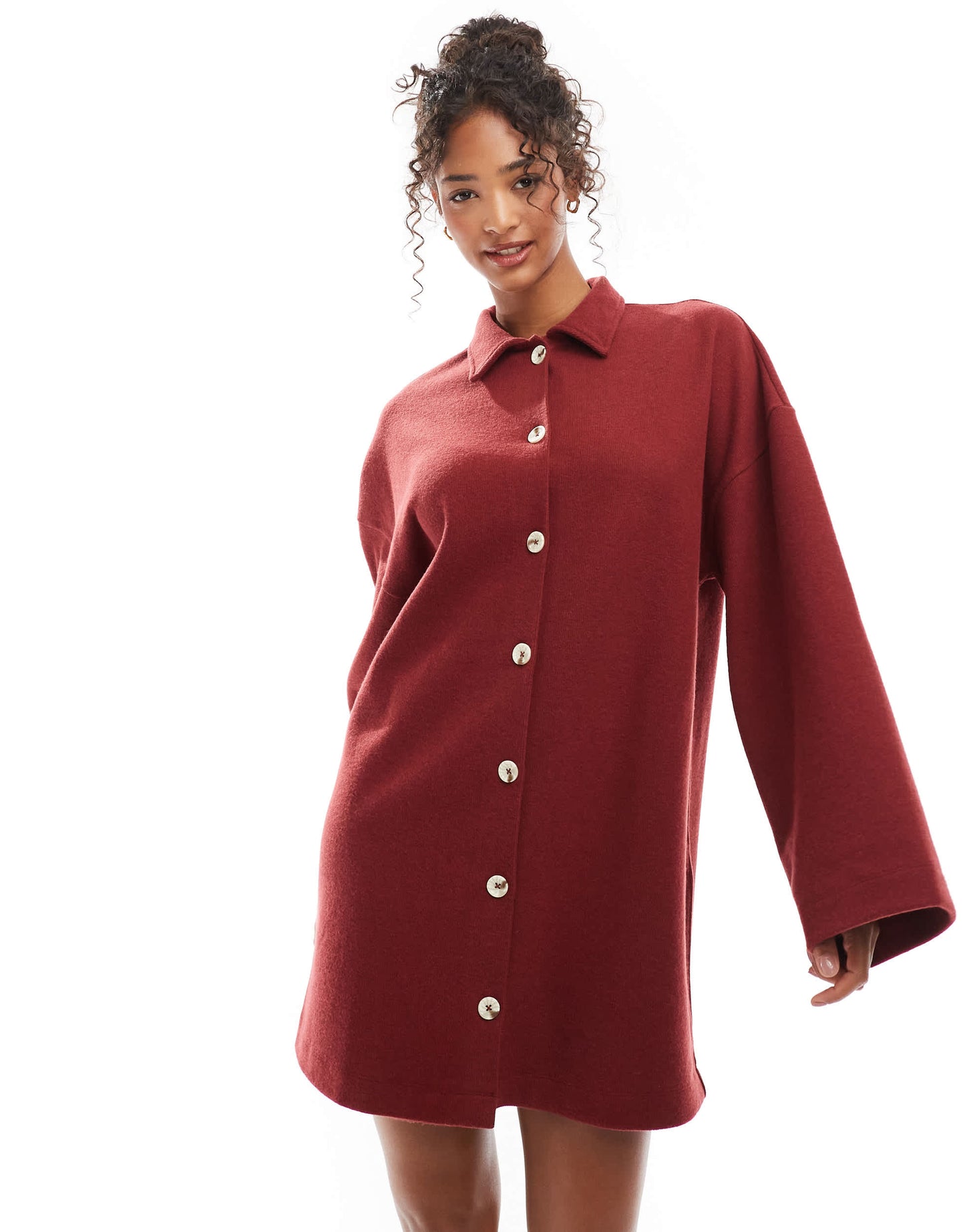 ASOS DESIGN supersoft collared button down cardigan mini dress in burgundy