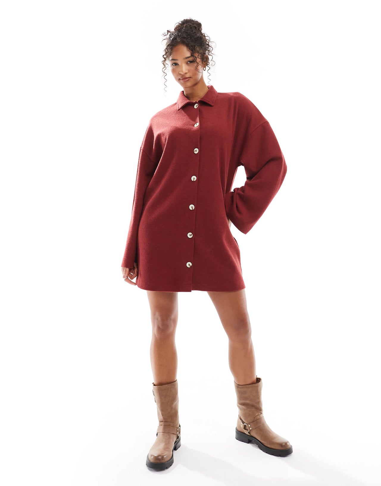 ASOS DESIGN supersoft collared button down cardigan mini dress in burgundy