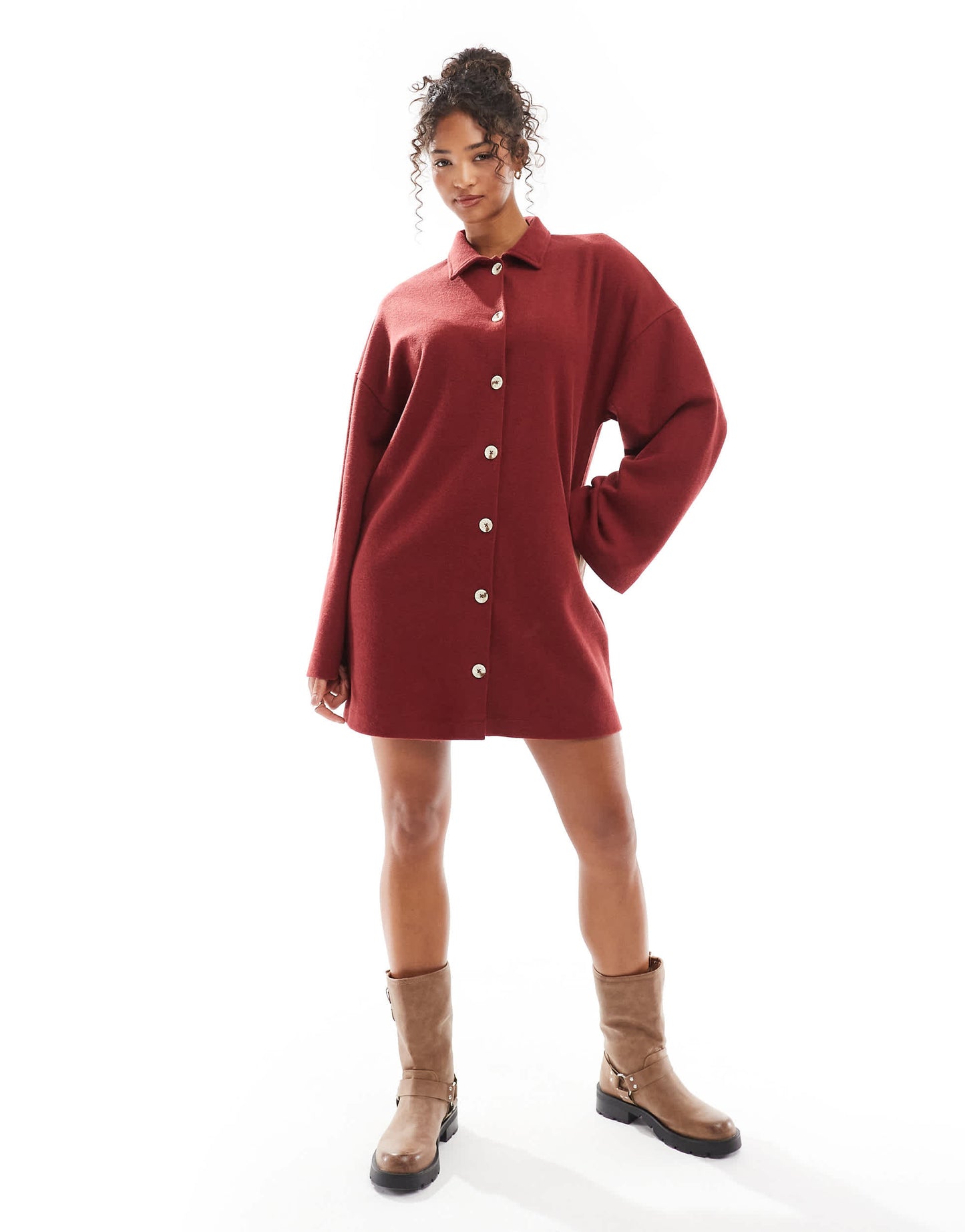 ASOS DESIGN supersoft collared button down cardigan mini dress in burgundy