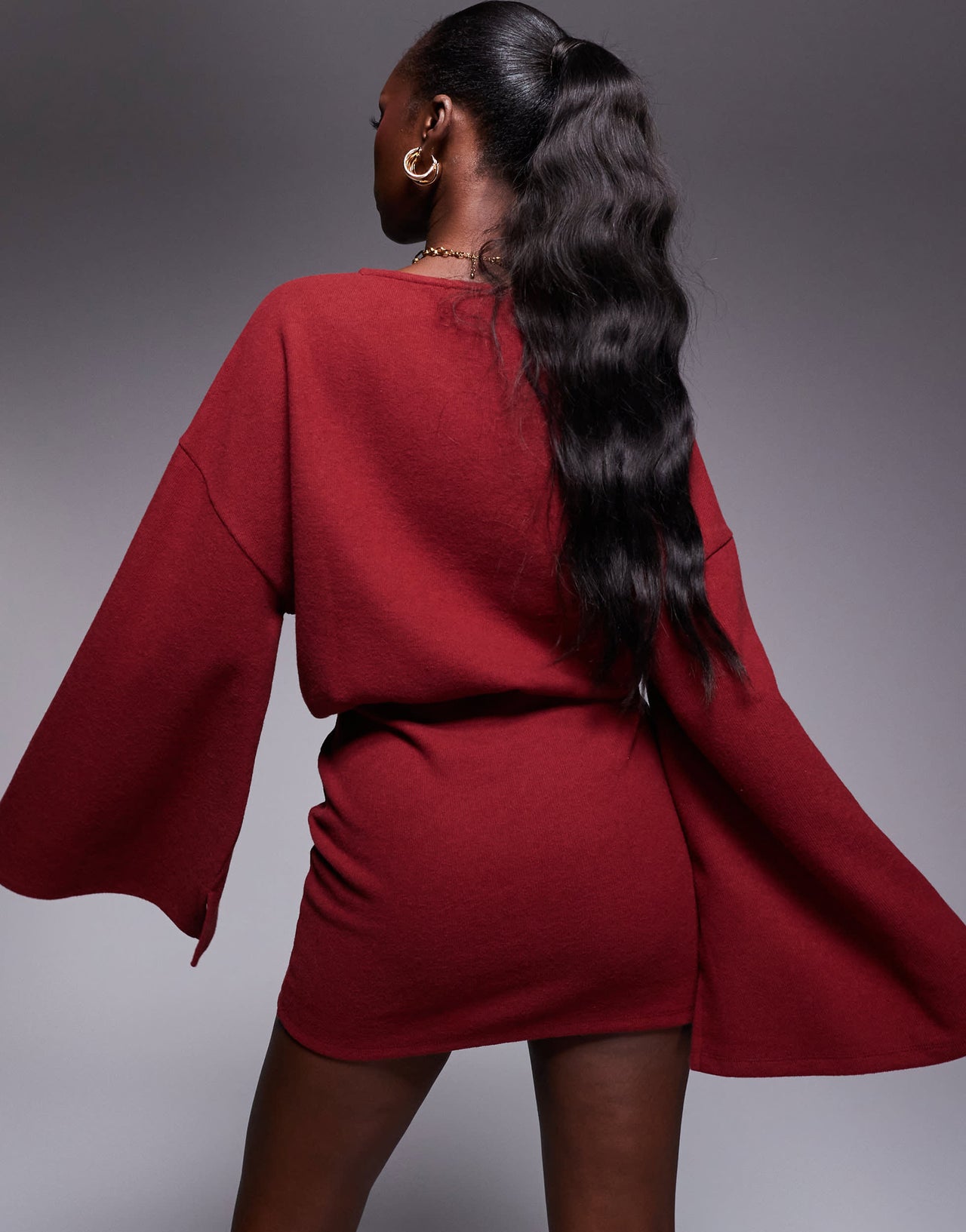 ASOS DESIGN supersoft wide long sleeve blouson mini dress in burgundy