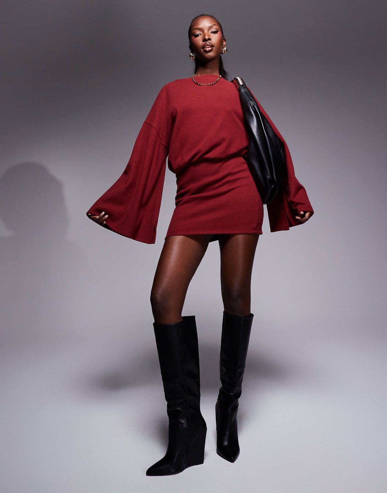 ASOS DESIGN supersoft wide long sleeve blouson mini dress in burgundy