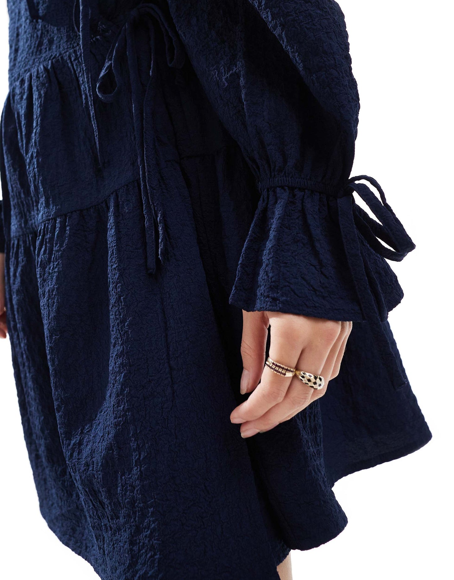 Wednesday's Girl tie-detail textured mini smock dress in navy