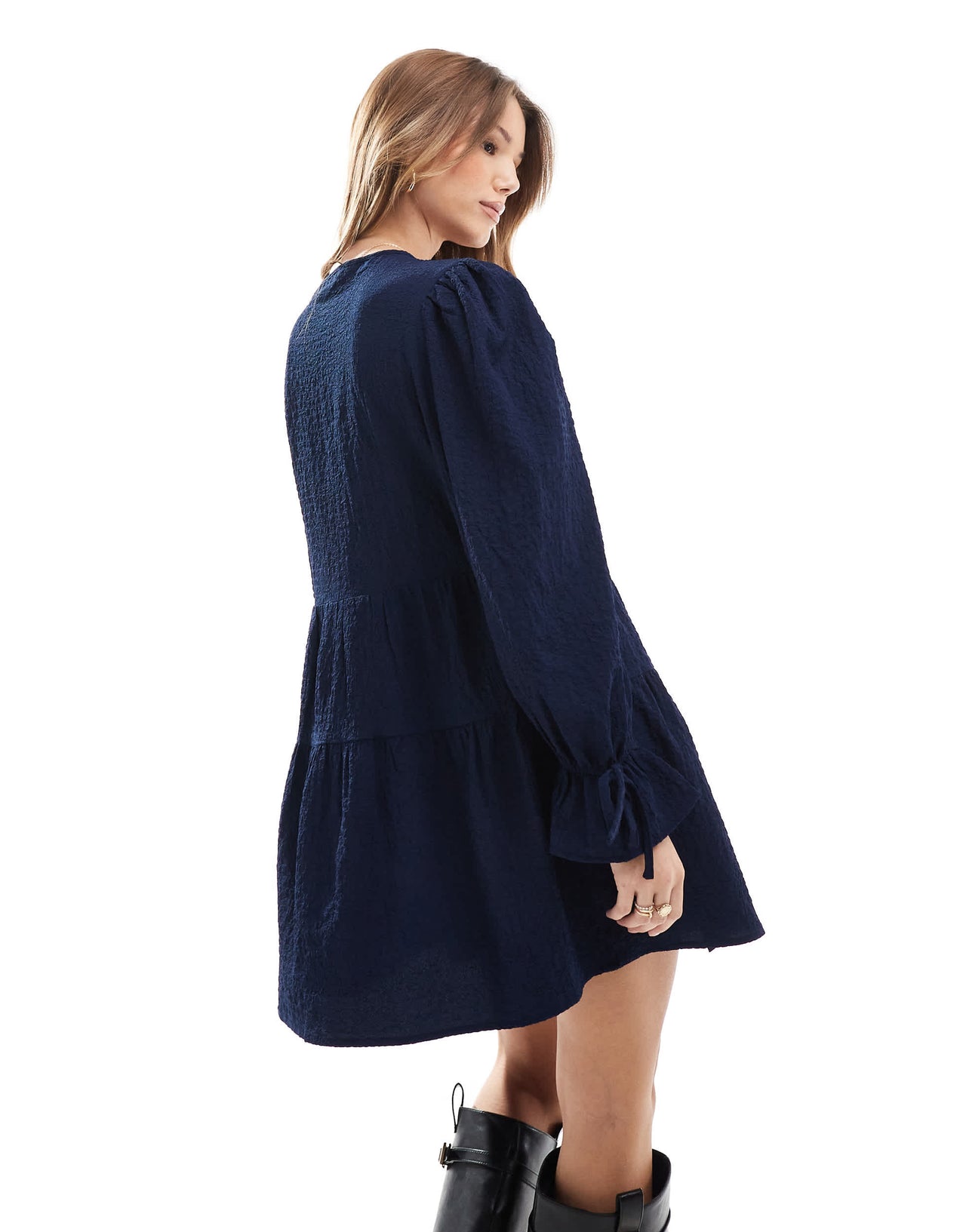 Wednesday's Girl tie-detail textured mini smock dress in navy