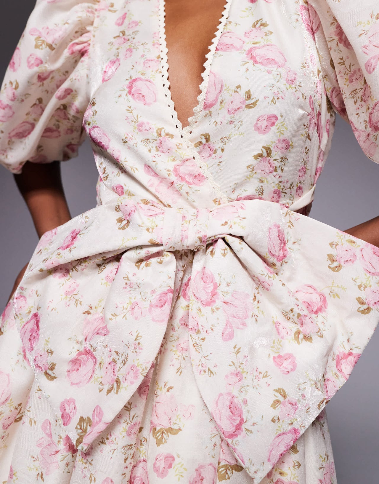ASOS LUXE jacquard puff sleeve mini dress with bow  detail in floral print
