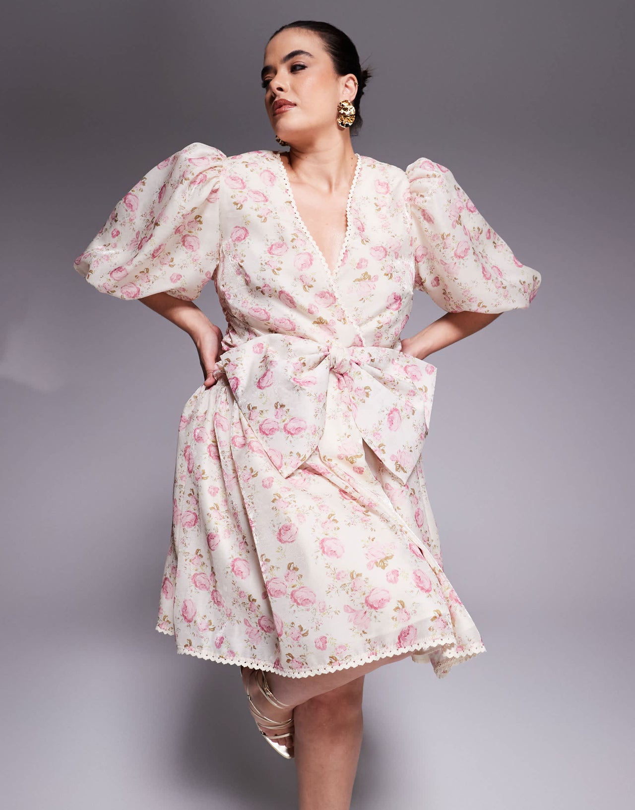 ASOS LUXE Curve jacquard puff sleeve mini dress with bow tie in floral print