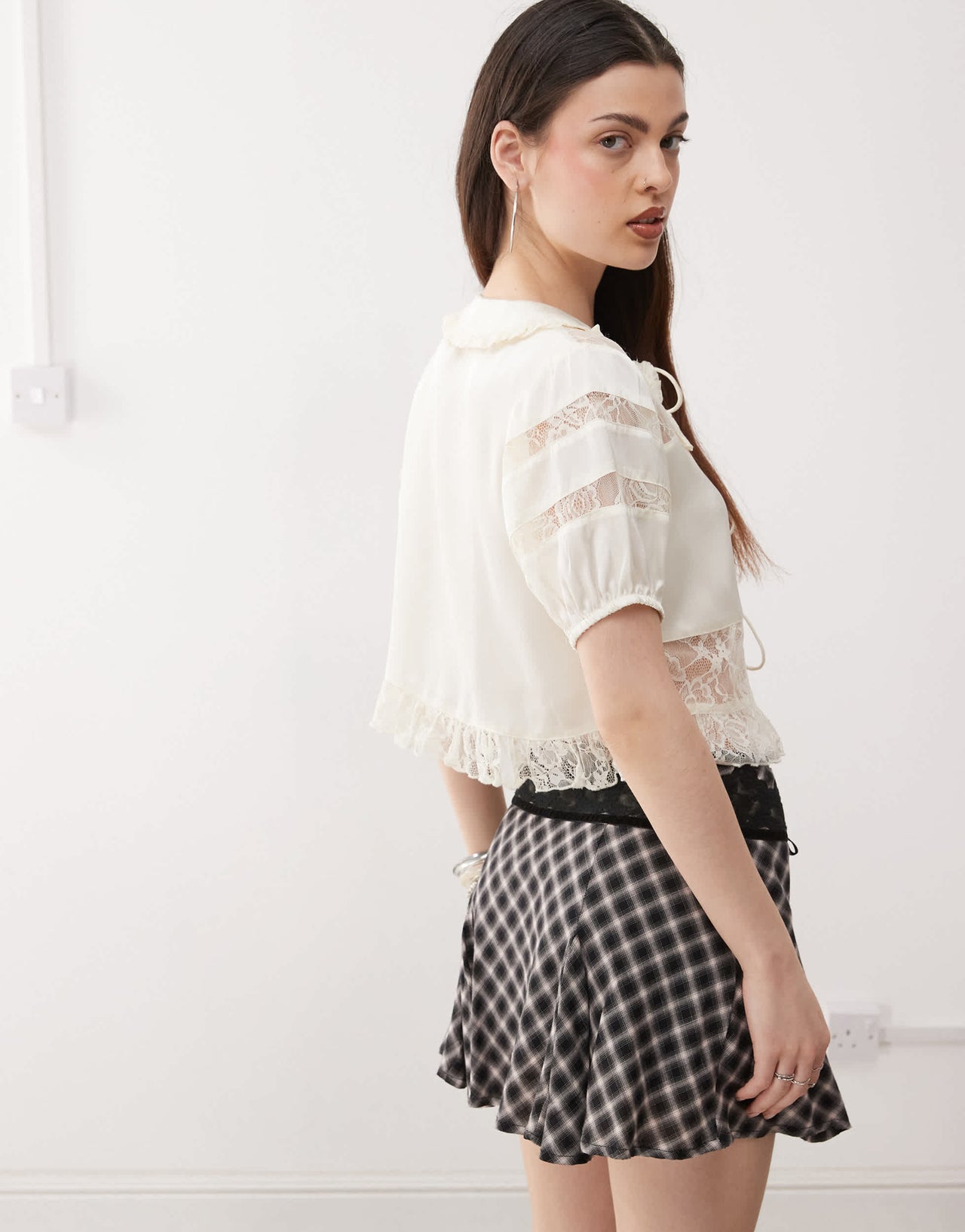 Reclaimed Vintage tea top with lace inserts and collar