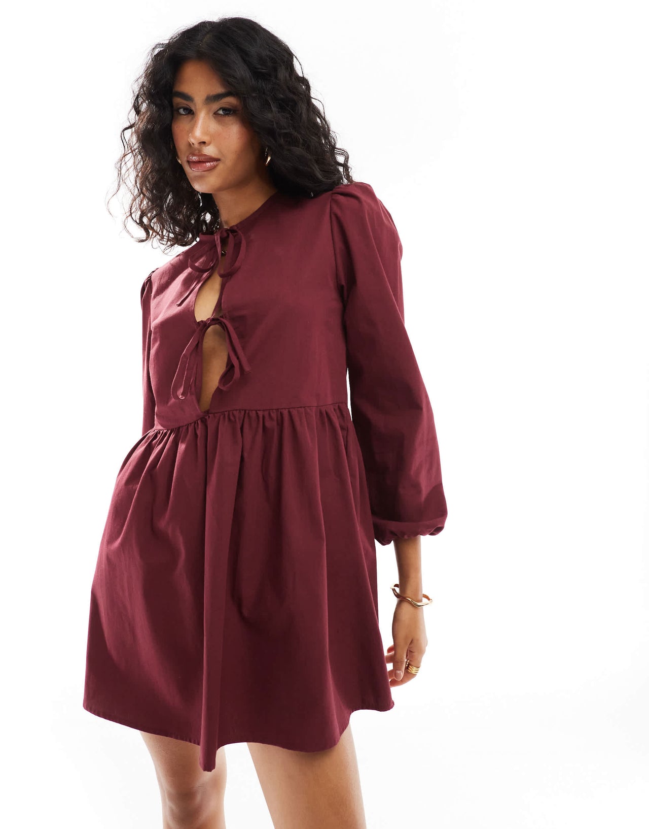 ASOS DESIGN poplin tie front long sleeve dress in burgundy