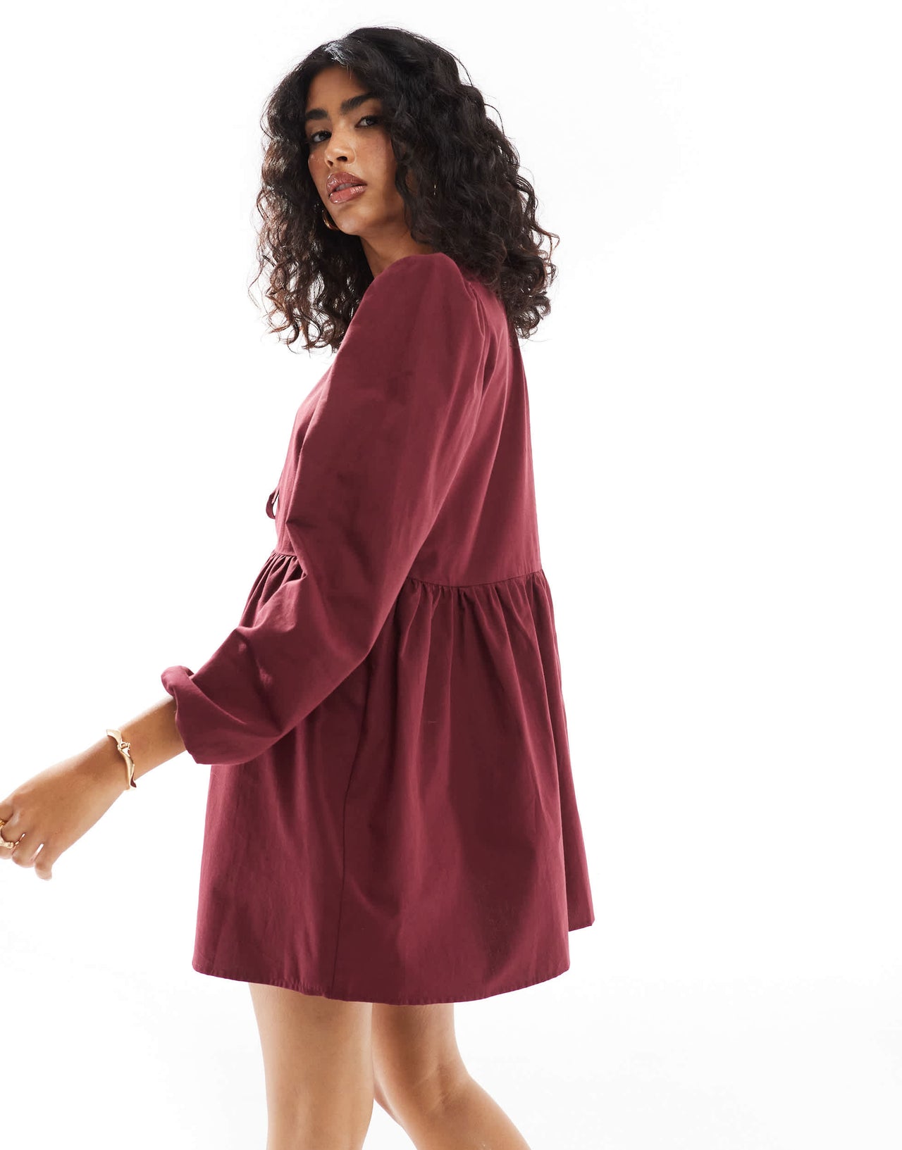 ASOS DESIGN poplin tie front long sleeve dress in burgundy