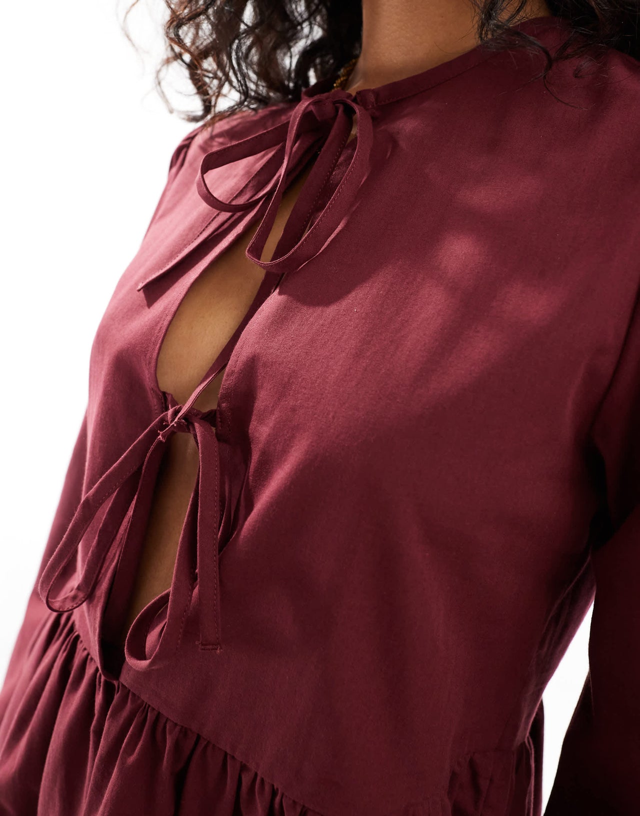 ASOS DESIGN poplin tie front long sleeve dress in burgundy