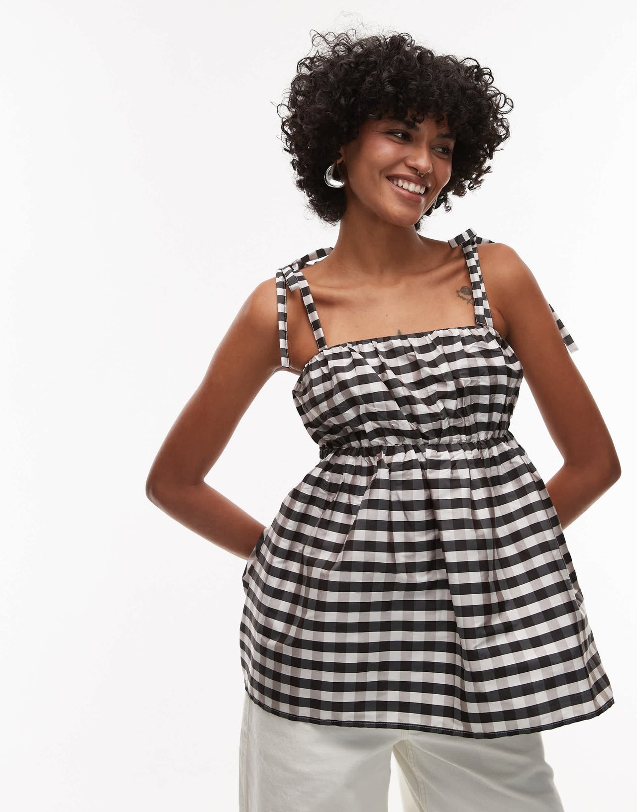 Topshop taffeta babydoll top in mono gingham
