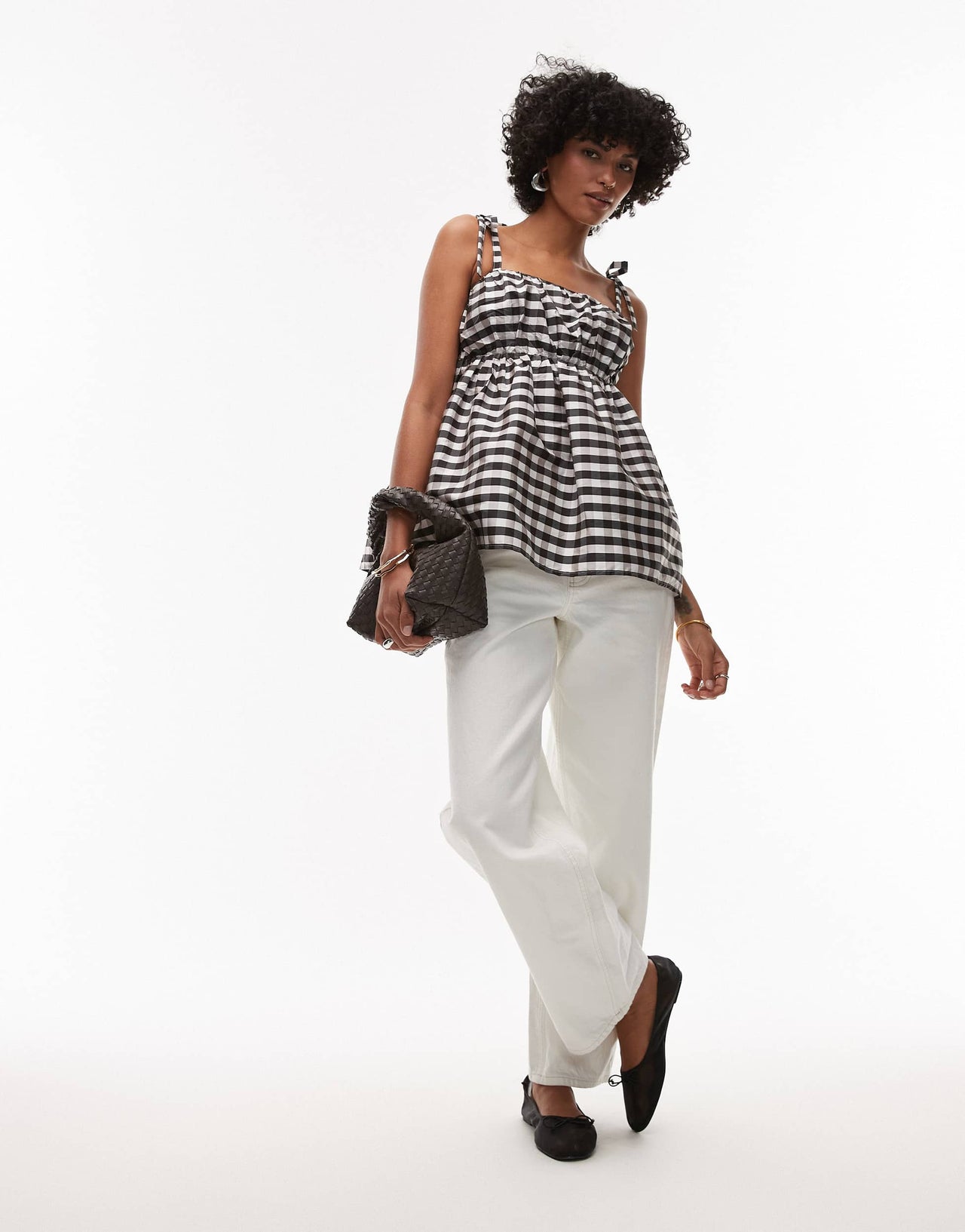 Topshop taffeta babydoll top in mono gingham
