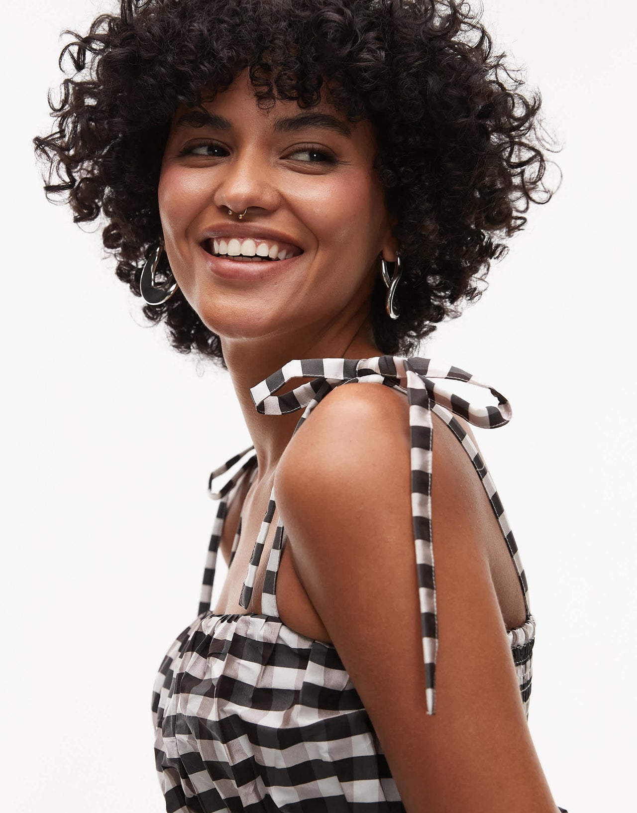 Topshop taffeta babydoll top in mono gingham