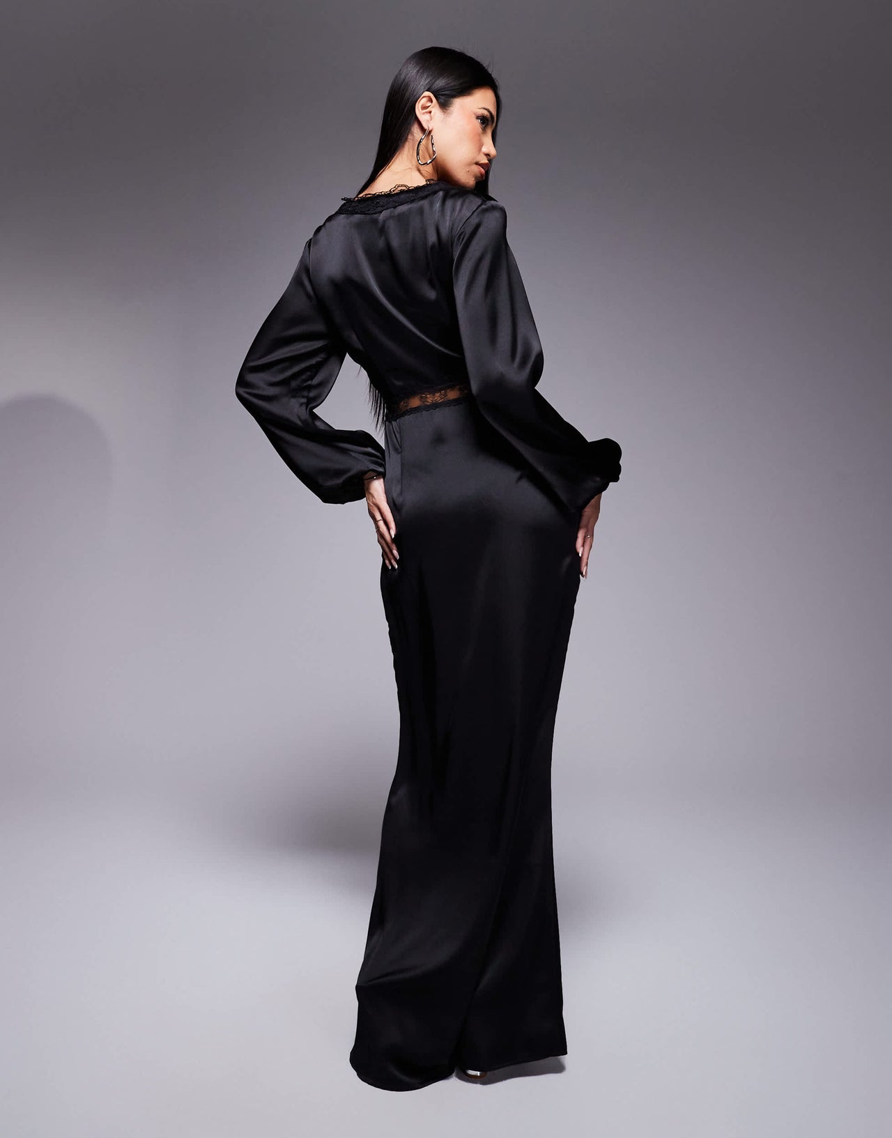 Never Fully Dressed Mimi long sleeve lace cut-out slip maxi dress in black