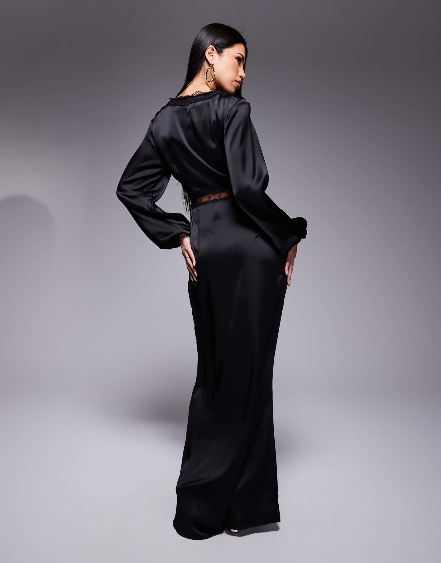 Never Fully Dressed Mimi long sleeve lace cut-out slip maxi dress in black