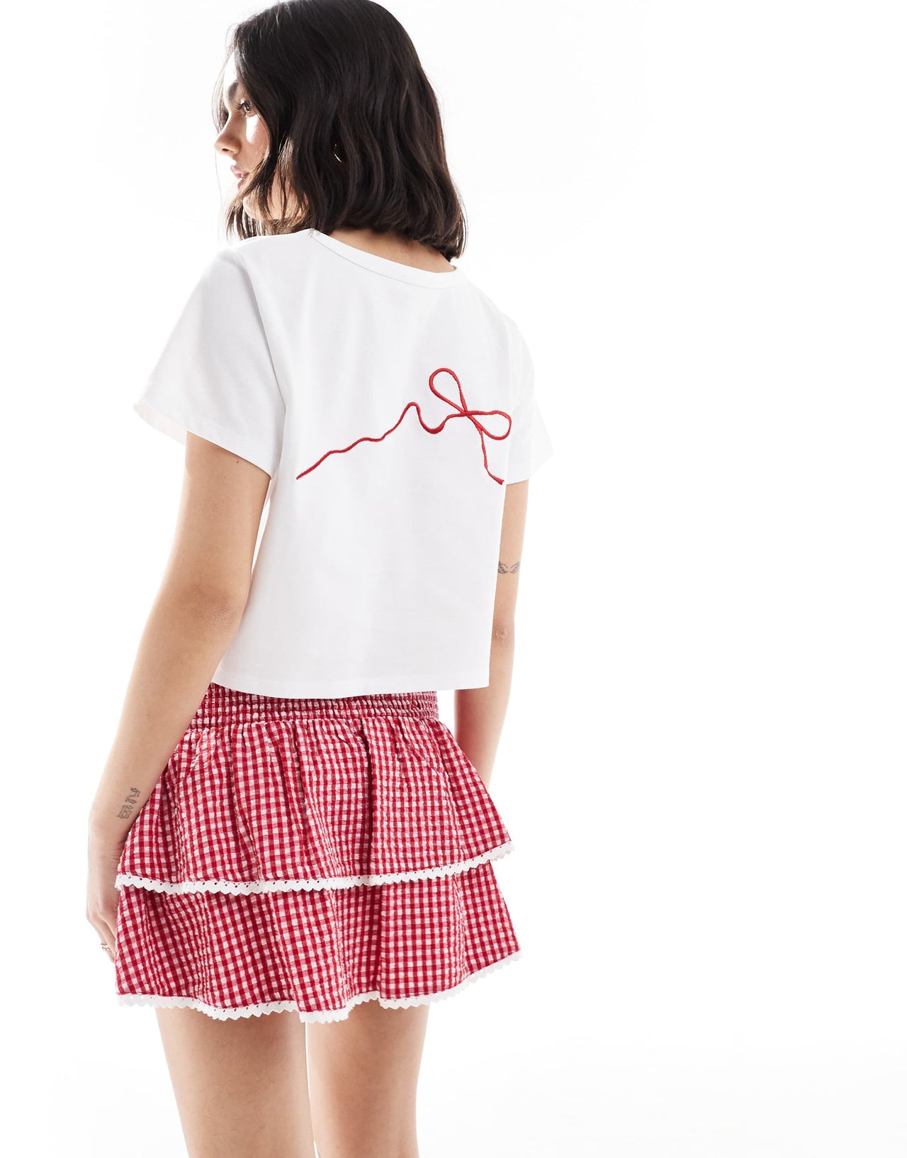 The Frolic exclusive shirred waist tiered lace trim rara mini skirt co-ord in red gingham