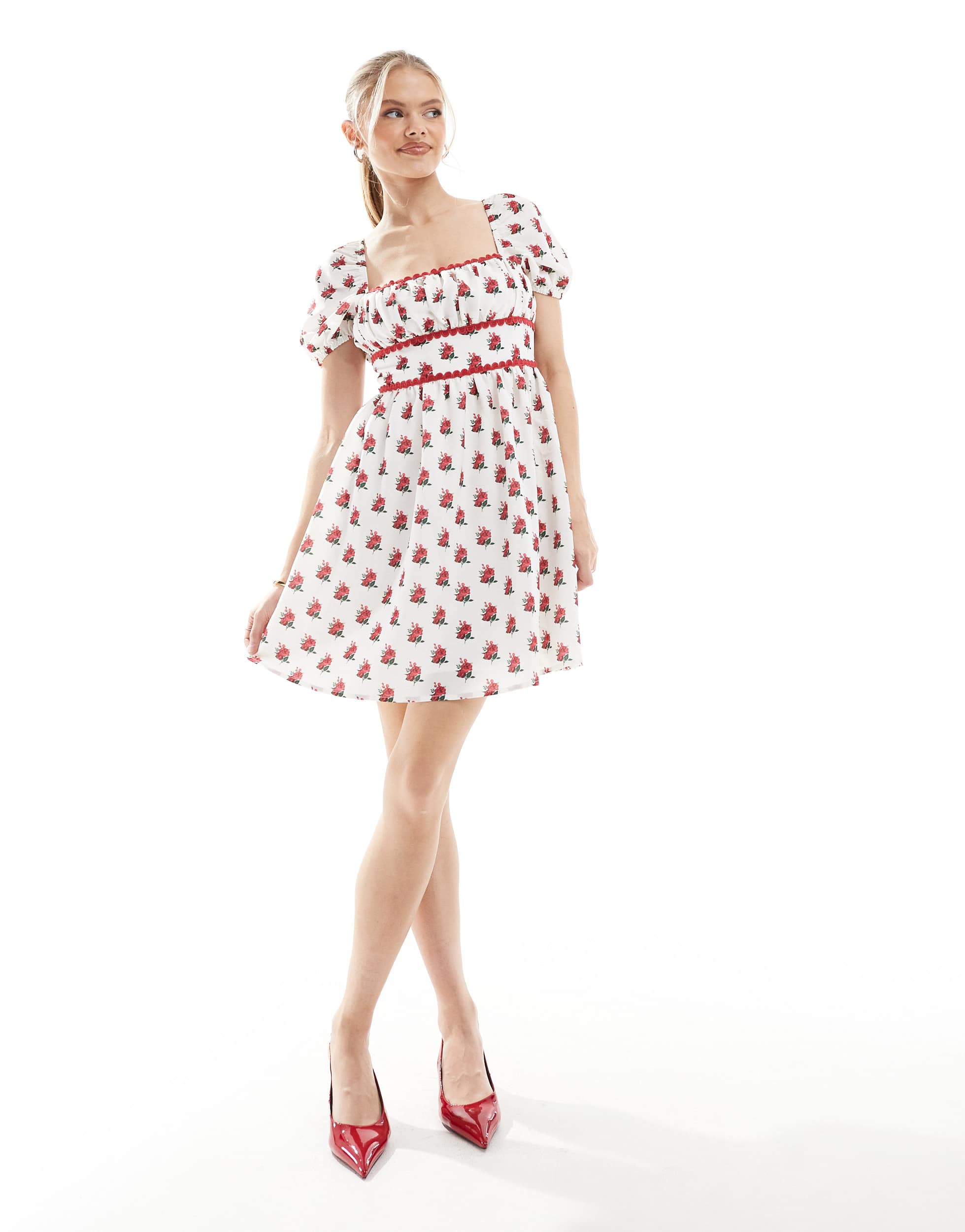 The Frolic exclusive scallop trim square neck puff sleeve bow tie back mini dress in cream floral