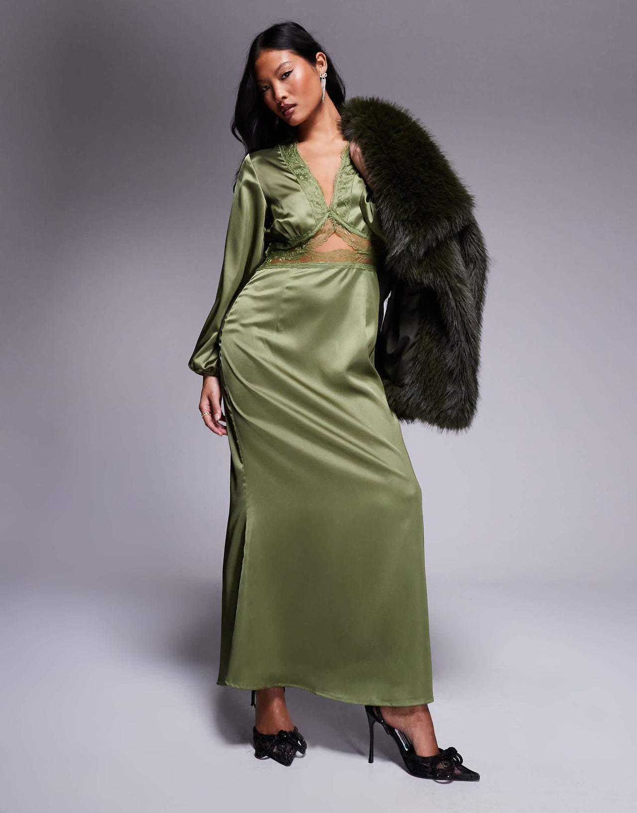 Never Fully Dressed Petite Mimi long sleeve lace cut-out slip maxi dress in olive