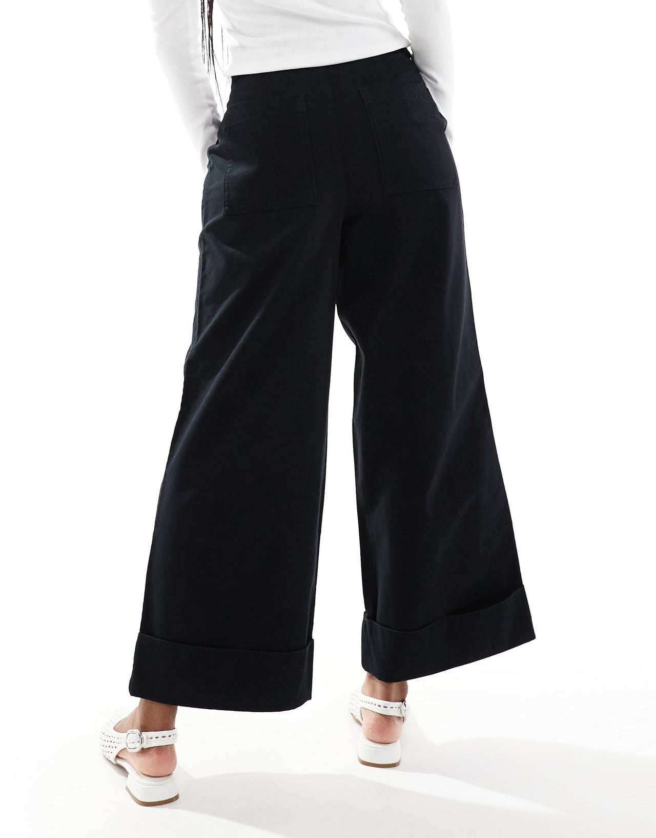 ASOS DESIGN brushed wide leg turn up ankle grazer in black