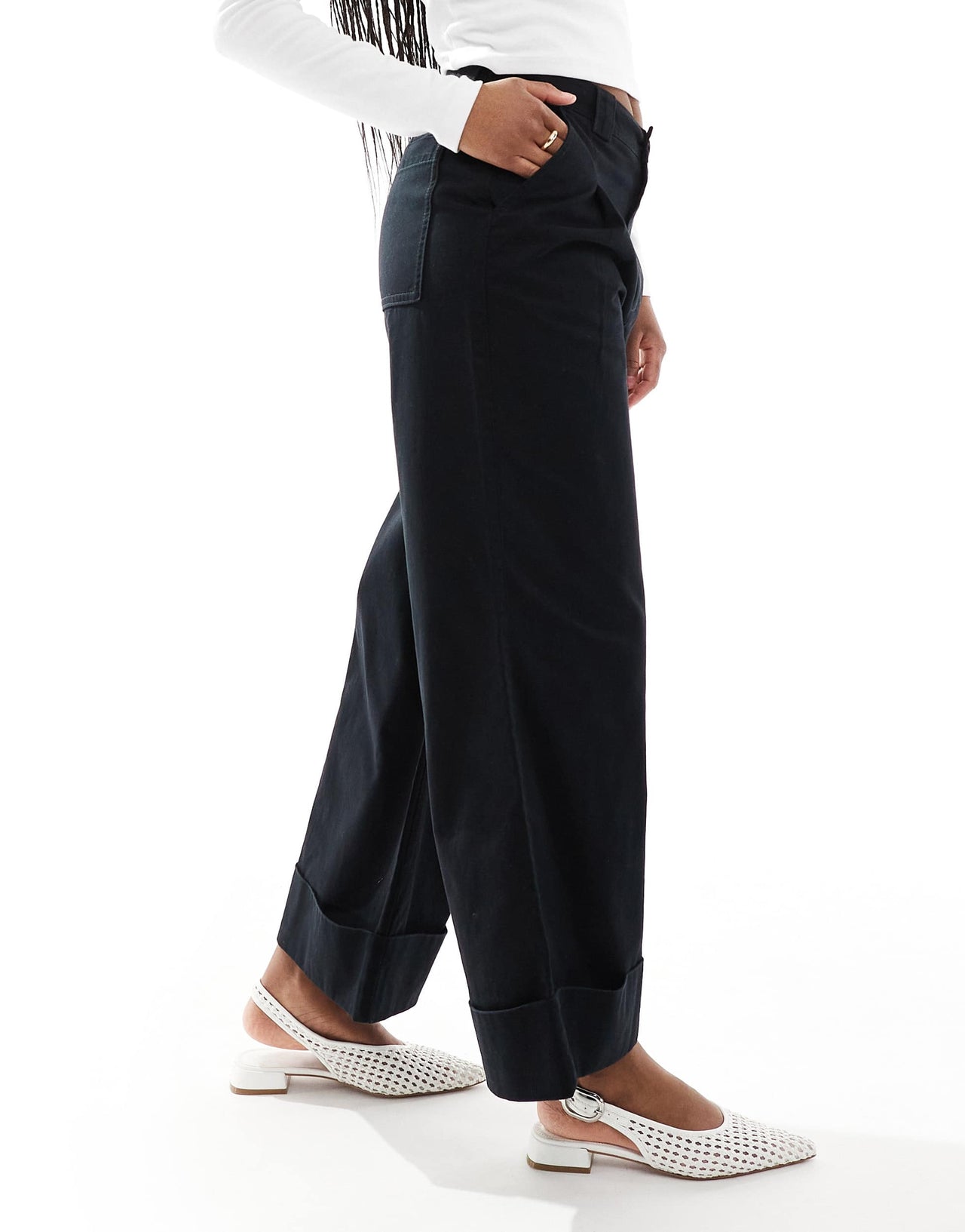 ASOS DESIGN brushed wide leg turn up ankle grazer in black