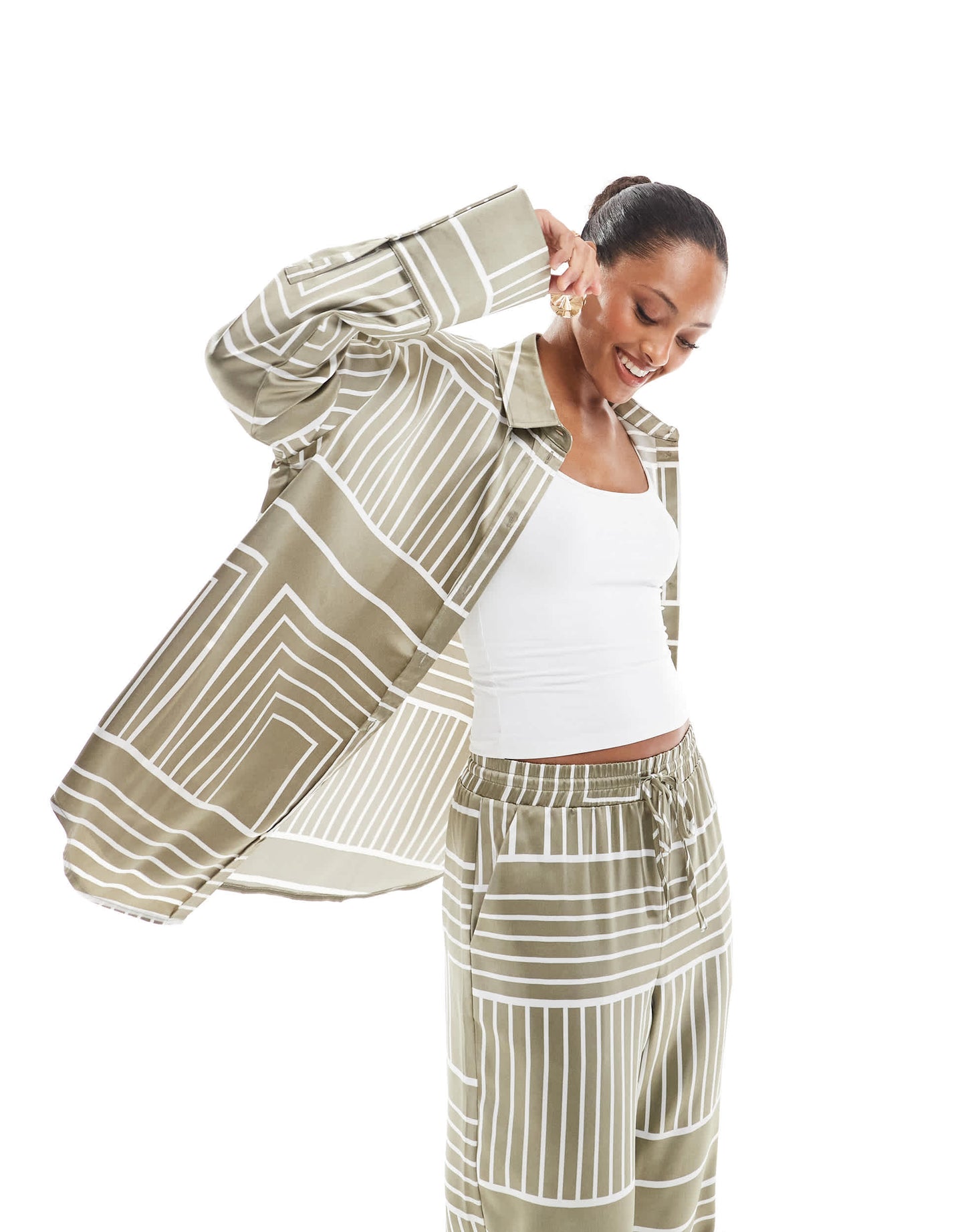4th & Reckless satin wide cuff button front shirt co-ord in sage tile print